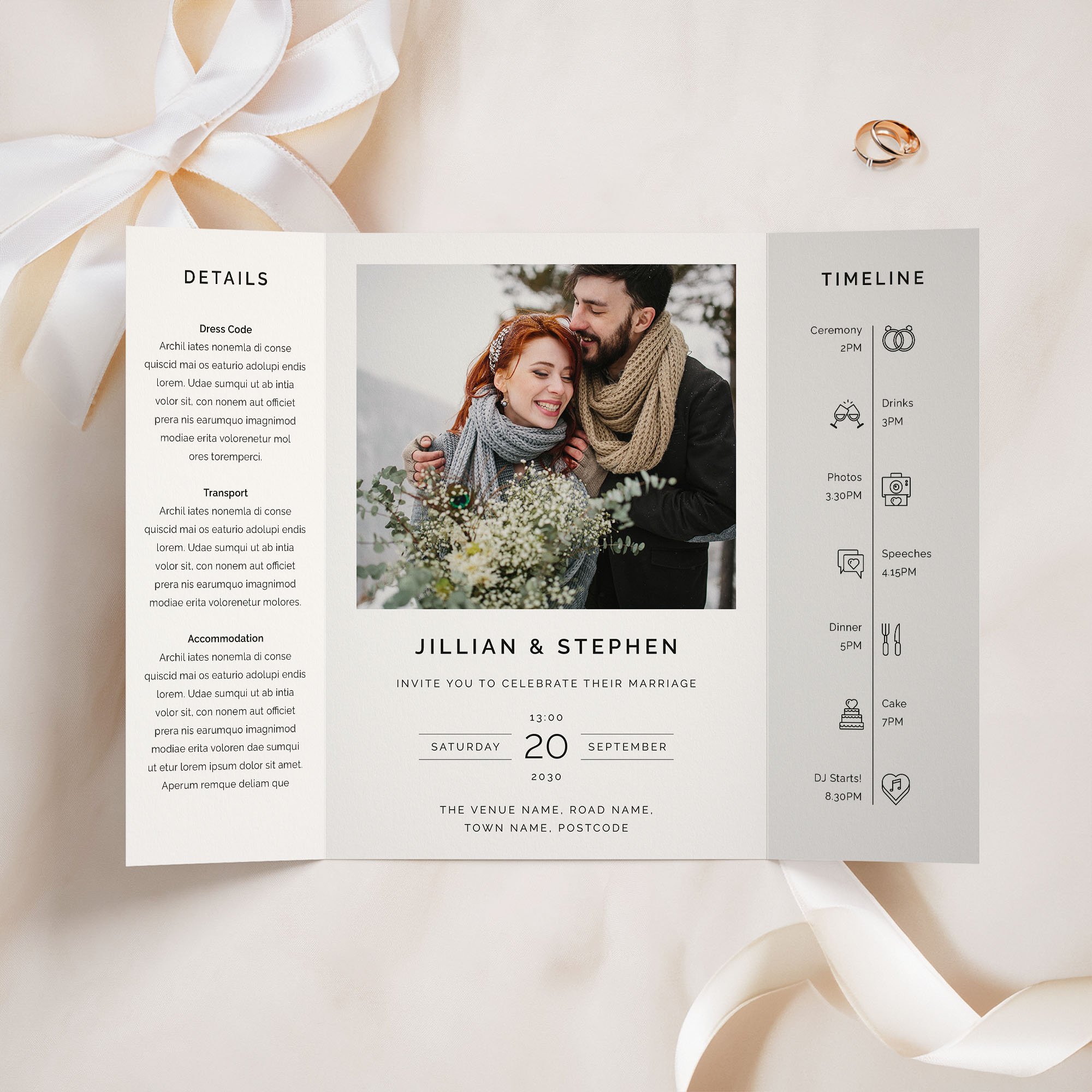 Photo gatefold wedding invitation with couple photography panels and script typography on cream