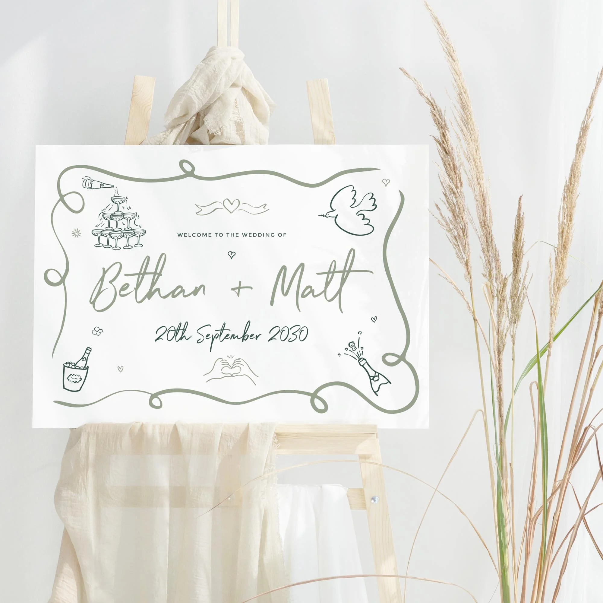 Green Doodle Sketch wedding welcome sign design