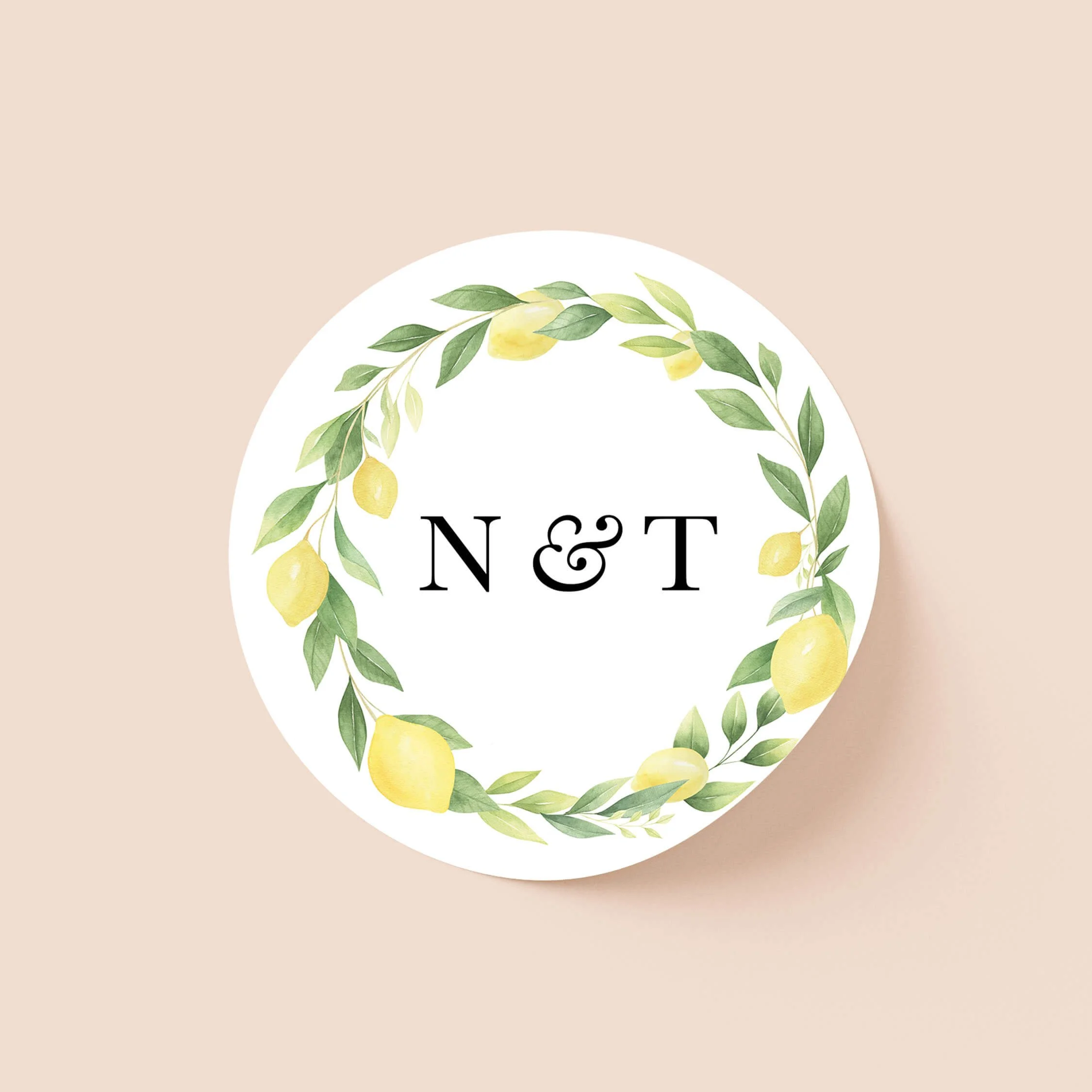 Lemon personalised wedding sticker with lemon botanical wreath and personalised initials on round sticker