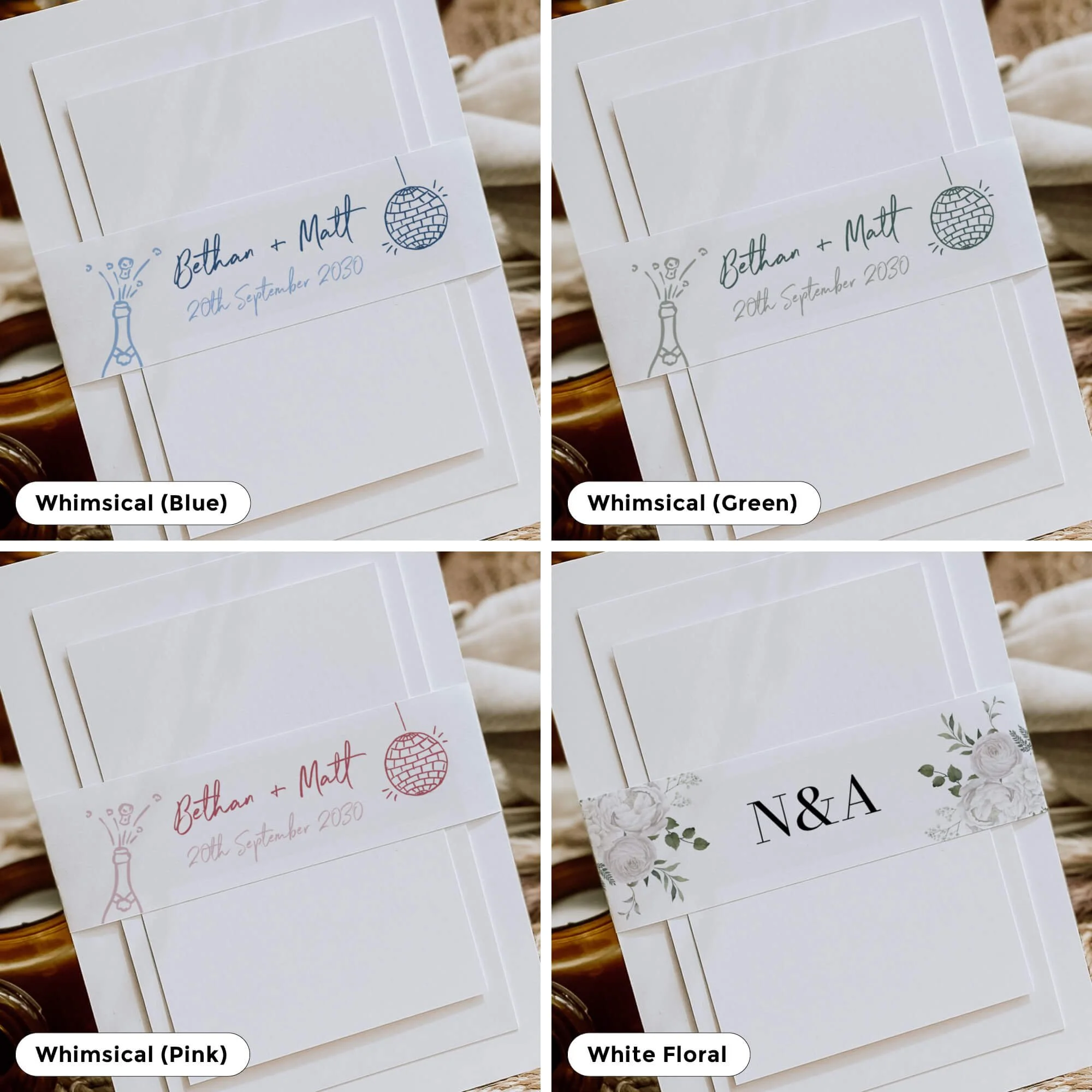 Collection of personalised wedding belly bands in a variety of elegant designs