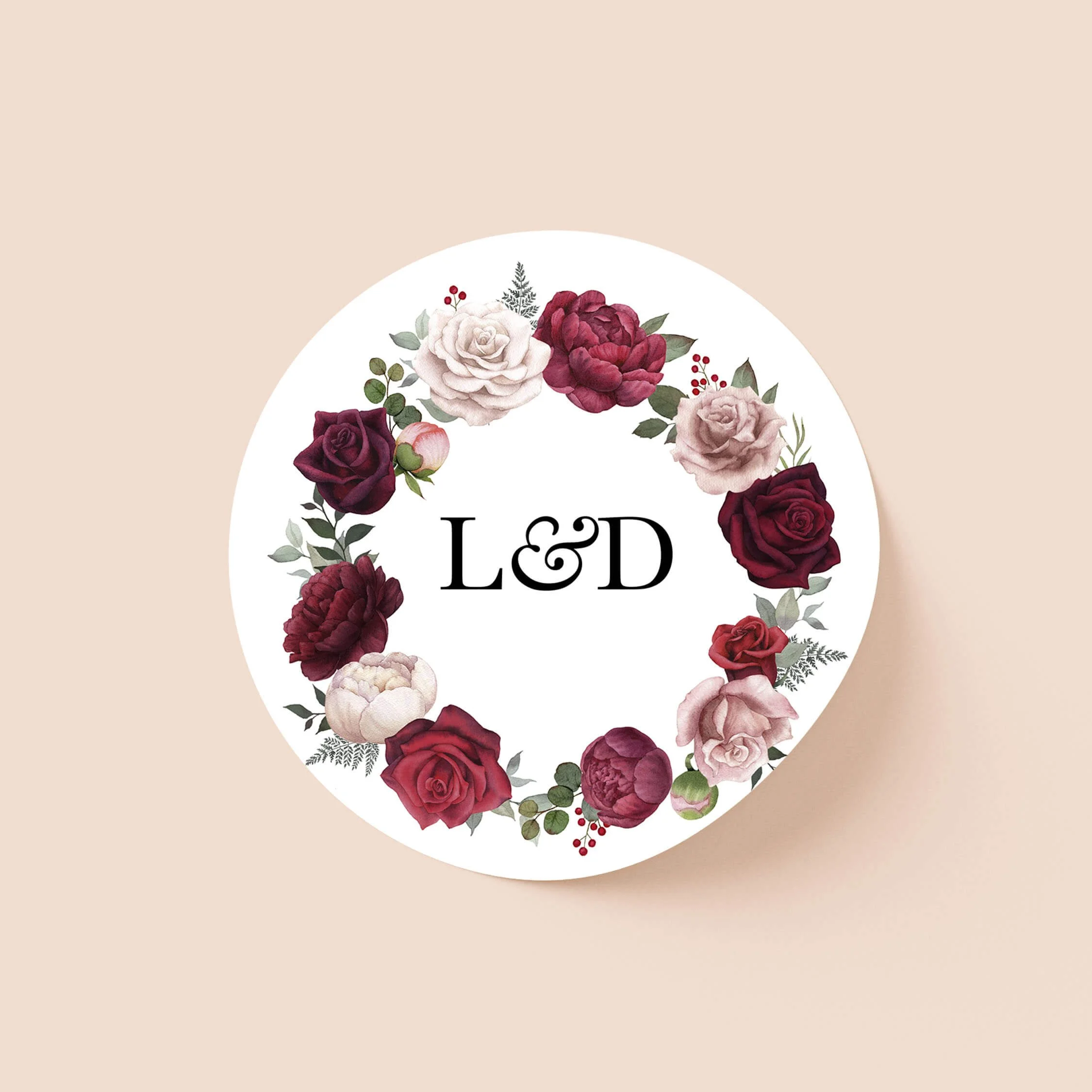 Romance personalised wedding sticker with burgundy rose floral wreath and personalised initials on round sticker