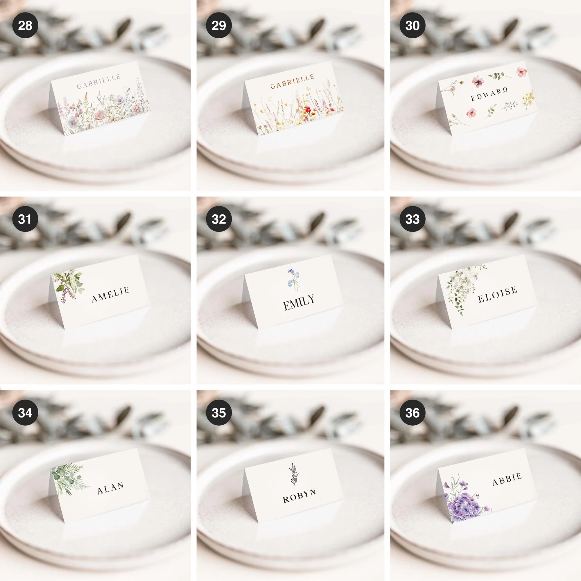 Selection of personalised wedding place card designs in various styles, including modern, floral, and minimalist, displayed on wedding tables
