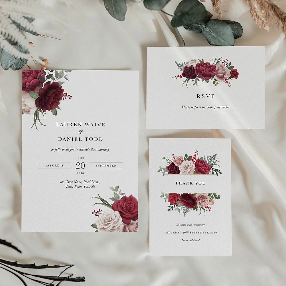 Romance Collection flat invitation set featuring rich red and blush florals with soft greenery, including RSVP and thank you cards.
