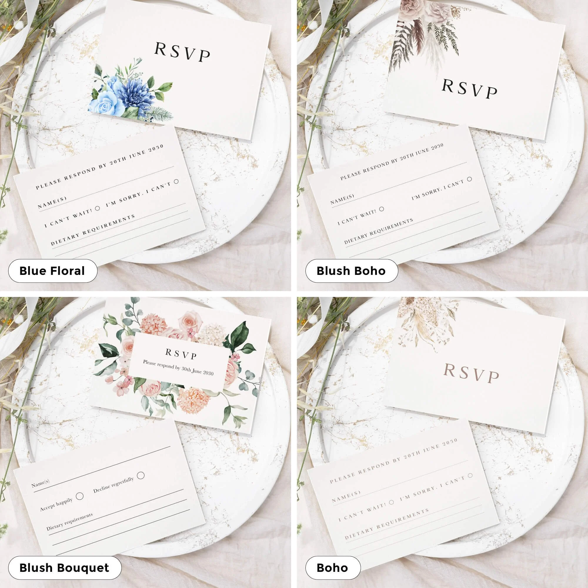 Elegant wedding RSVP card with guest response details and meal choice section