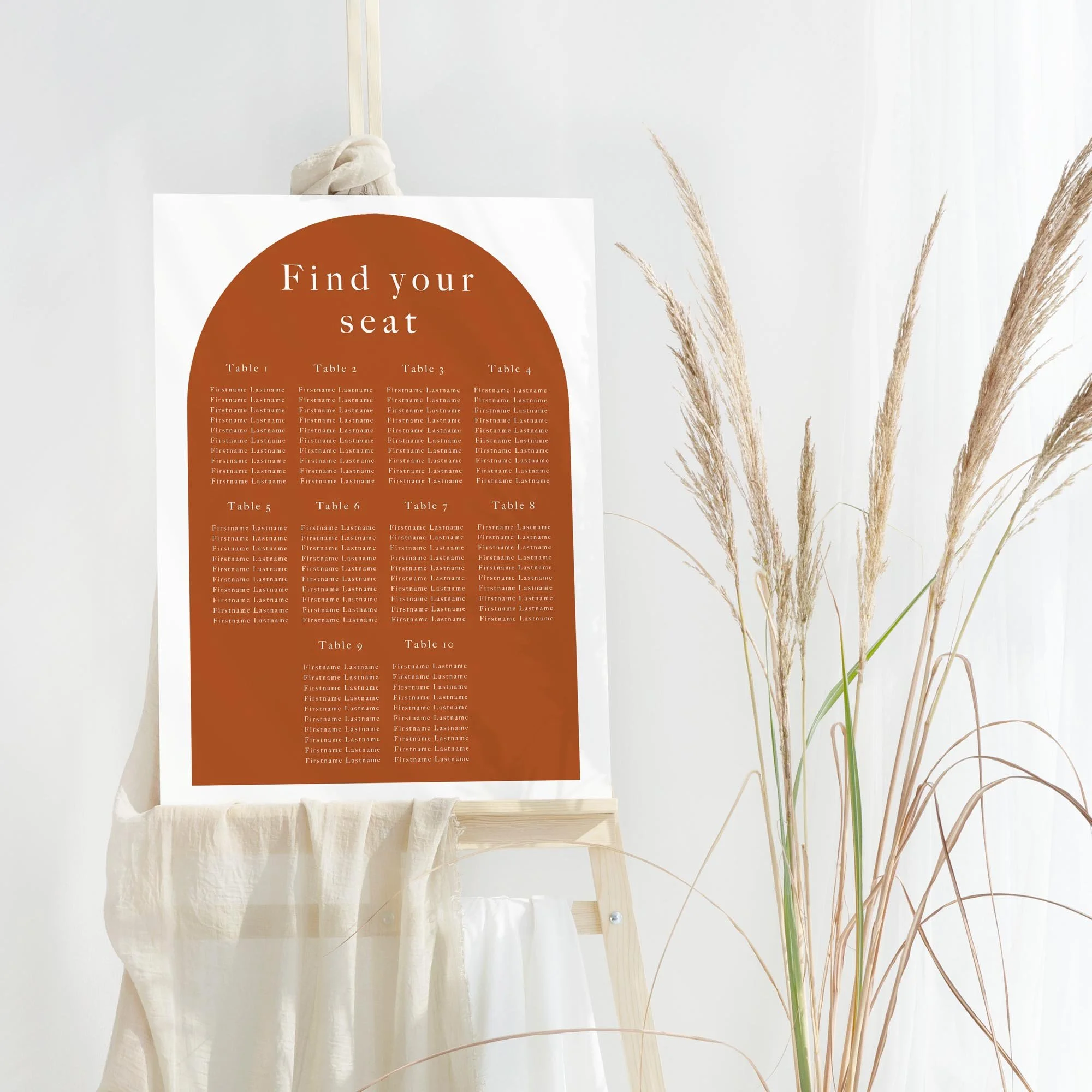 Burnt Orange Arch Shape Graphic wedding table plan board seating chart sign