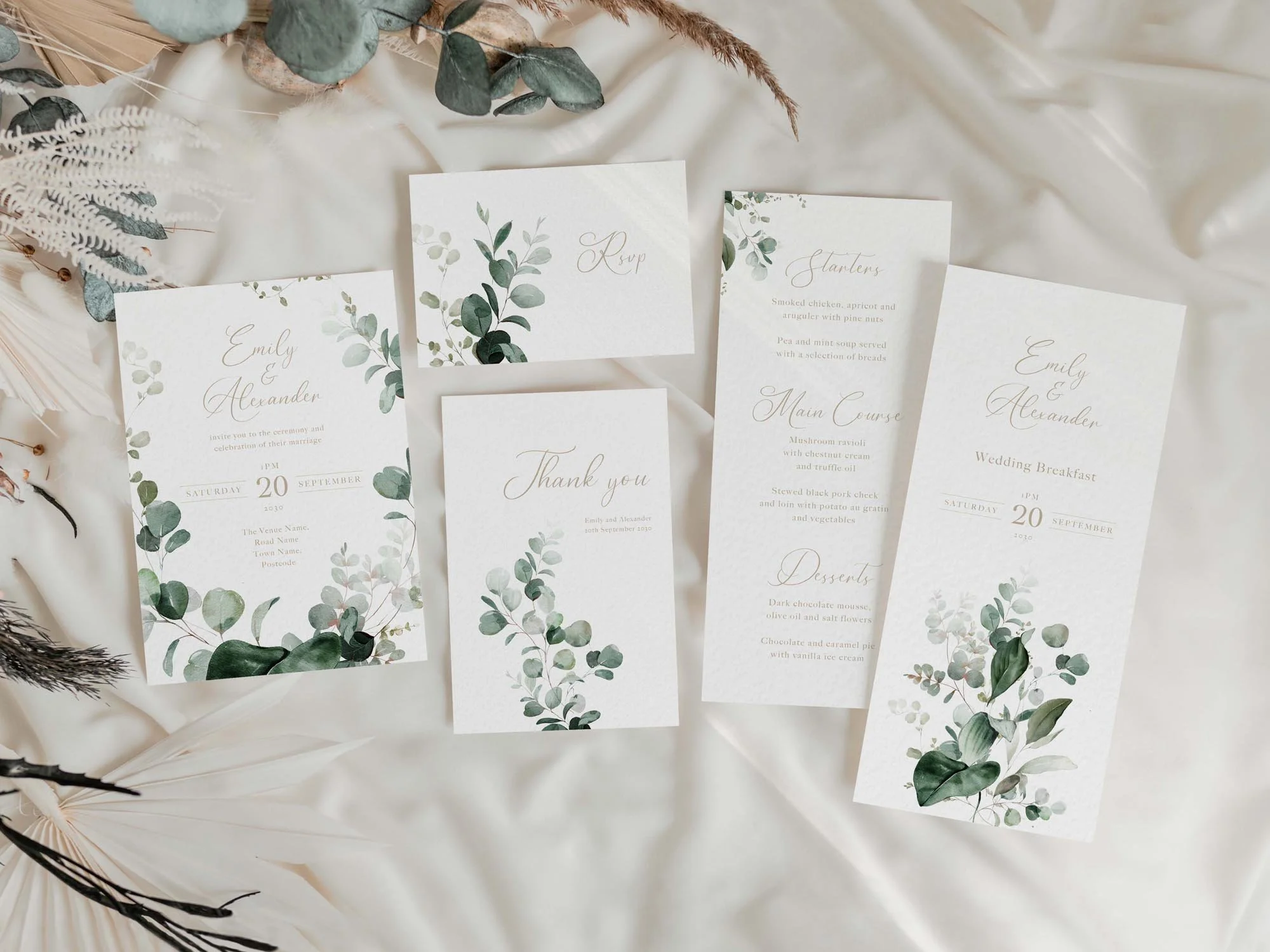 Green foliage wedding invitations set