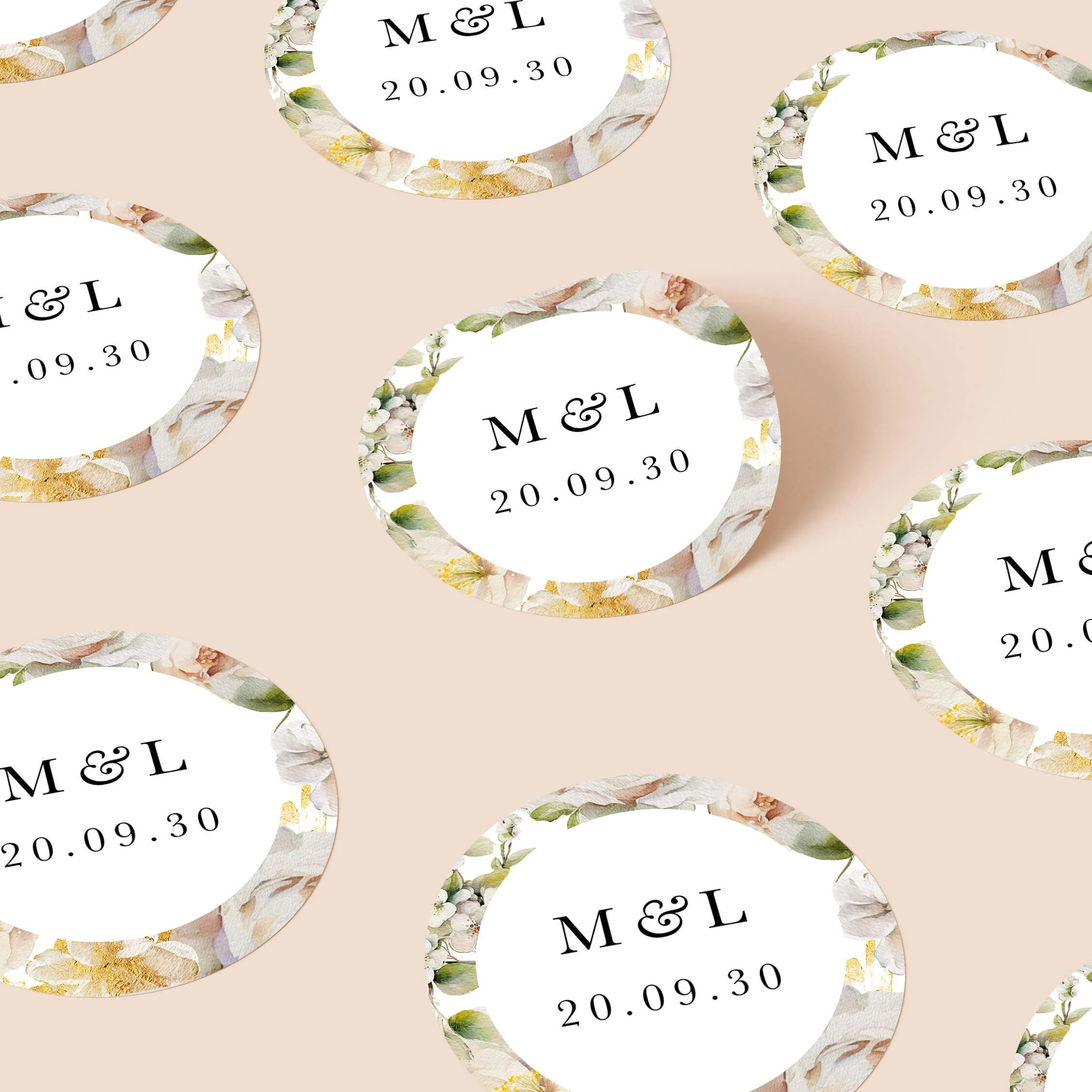 Ethereal wedding stickers with soft neutral floral border and initials repeated on personalised round seals
