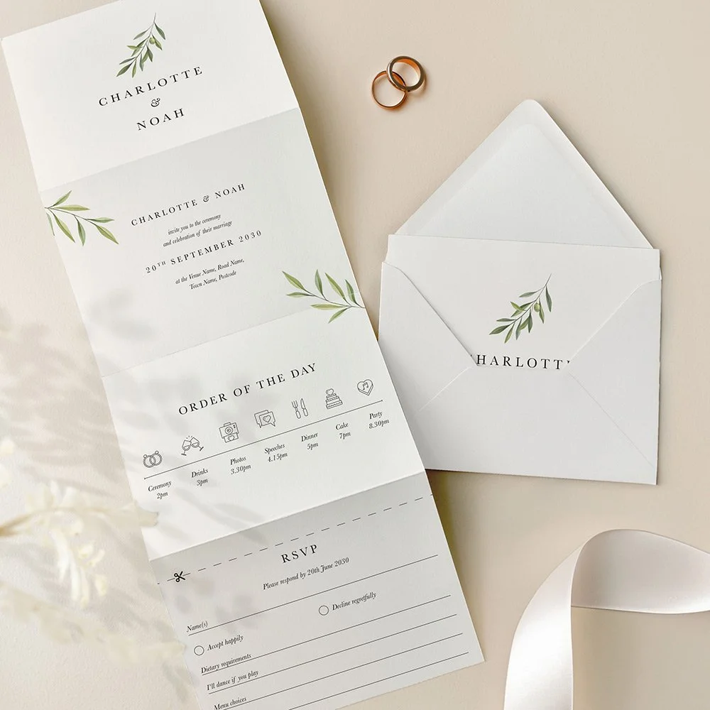 Minimal Olive Concertina Wedding Invites