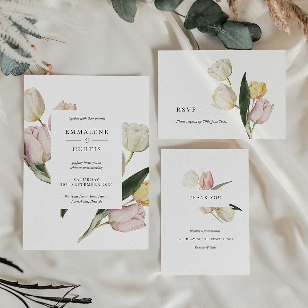 Tulip themed wedding stationery, perfect for Spring and Summer weddings.