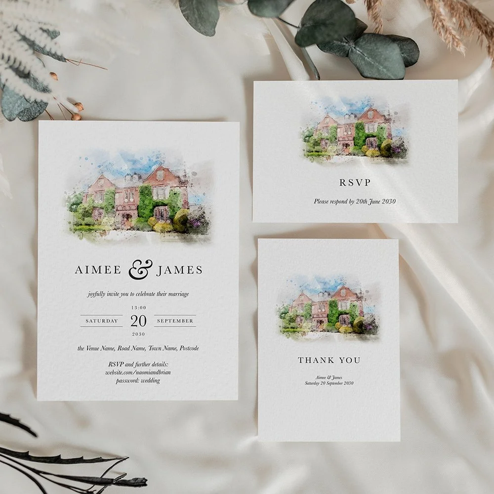 Wedding Invitation card with custom watercolour-style venue illustration in soft, elegant tones for romantic wedding stationery