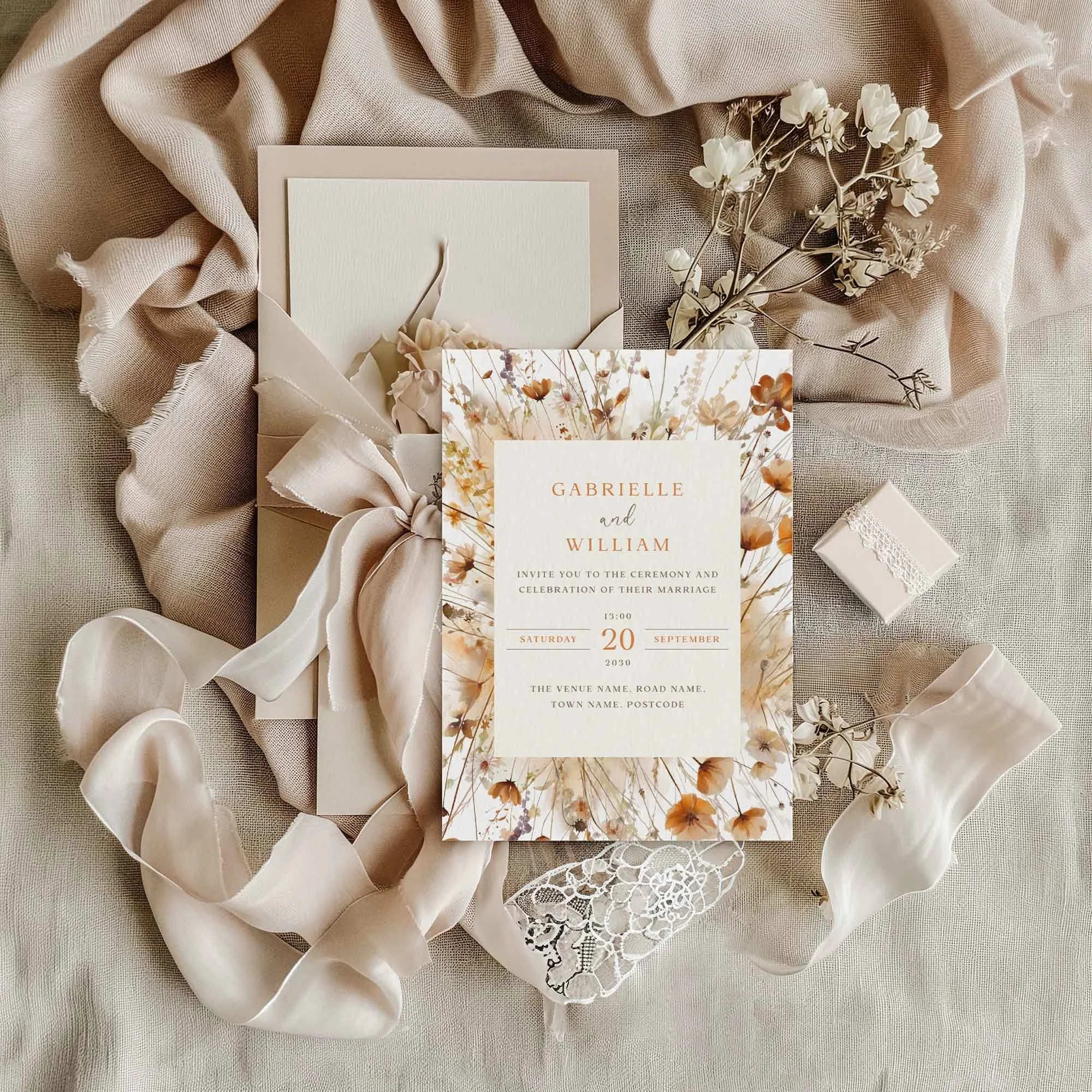 Field Harvest Frame wedding invitation styled in a flat lay environment with wedding props