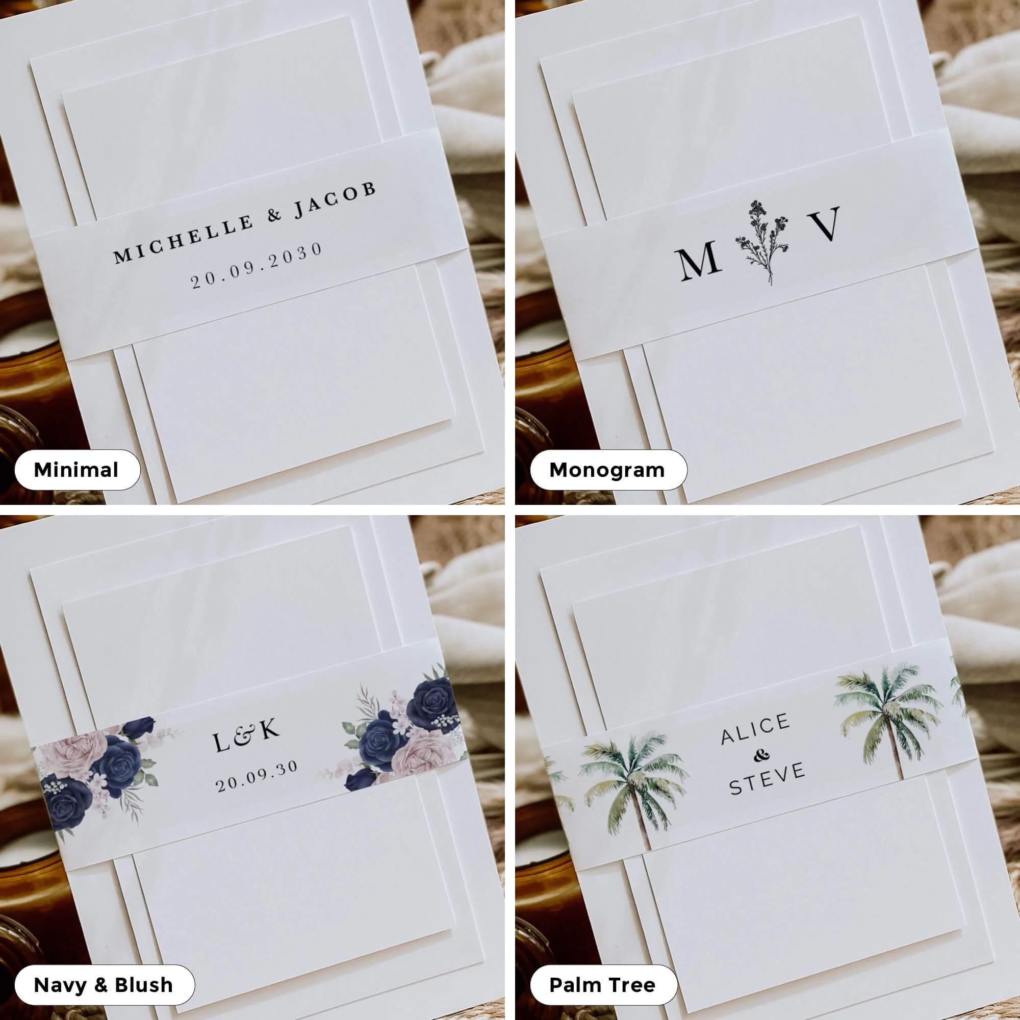 Collection of personalised wedding belly bands in a variety of elegant designs