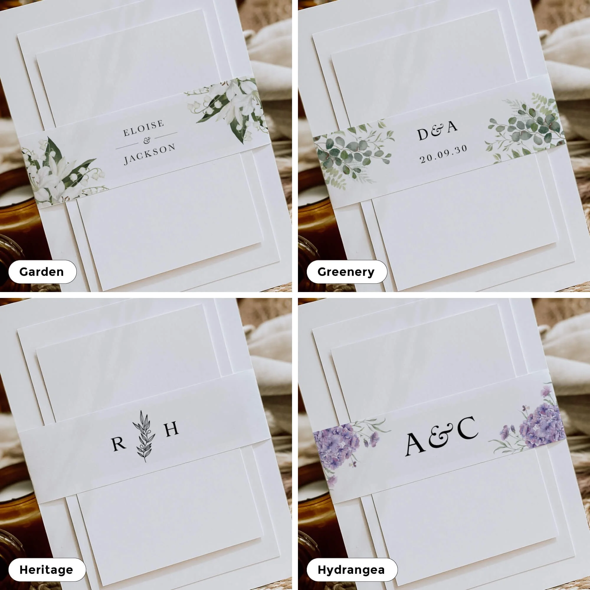 Collection of personalised wedding belly bands in a variety of elegant designs