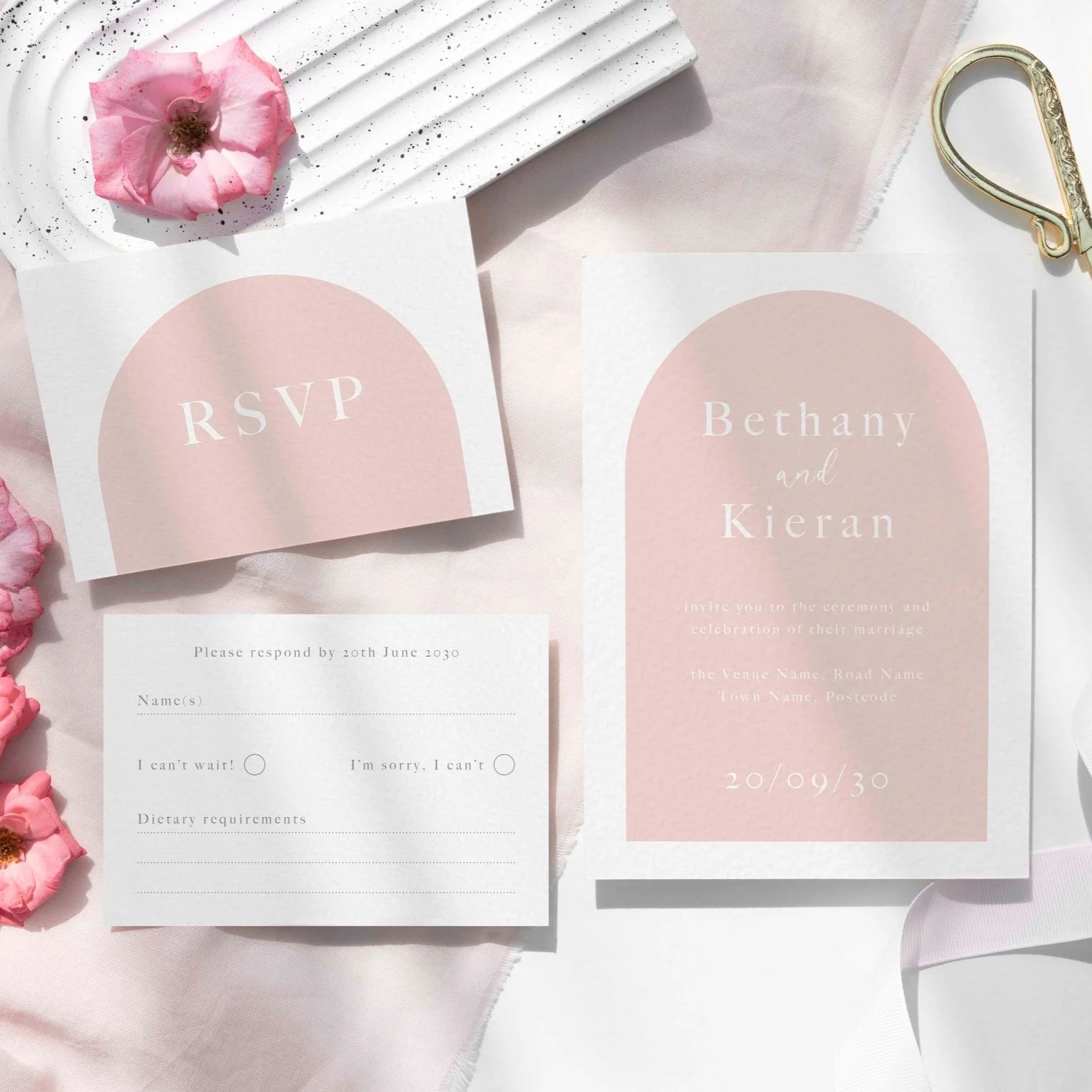 Modern Blush Pink arch wedding invitation with minimalist layout