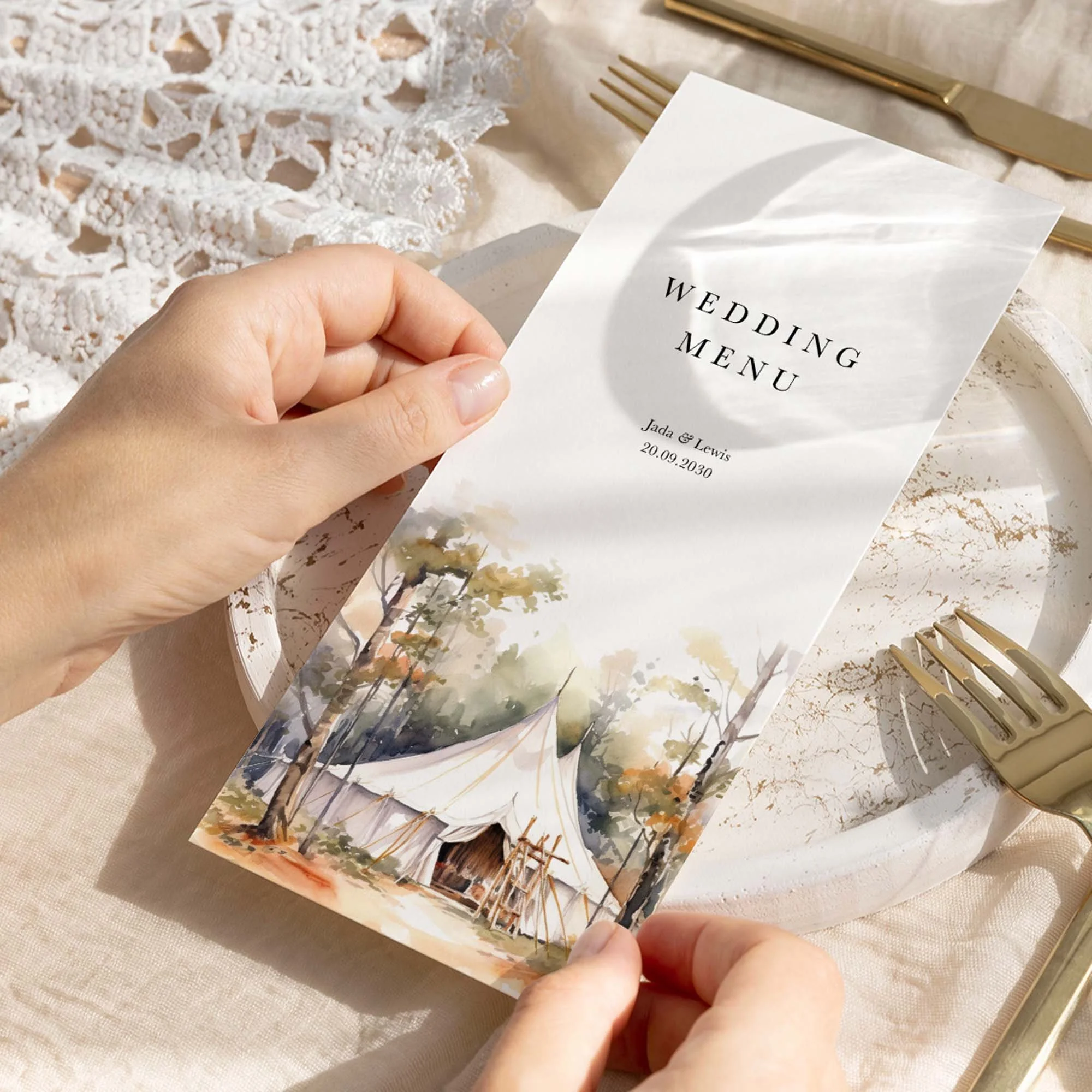Hand holding Bell Tent wedding menu card showing size and printed design details