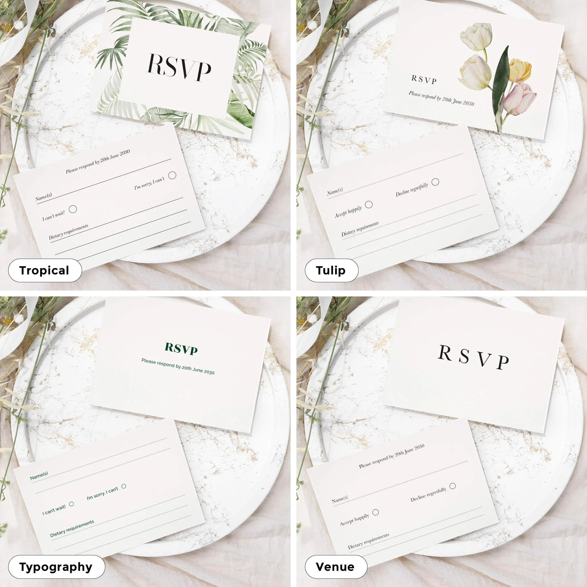Minimalist wedding RSVP response card design for coordinating wedding invitations