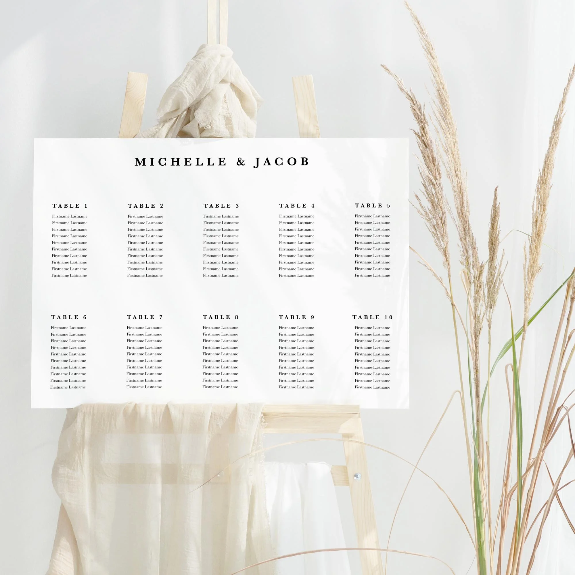 Black and White Serif wedding table plan board seating chart sign in landscape format