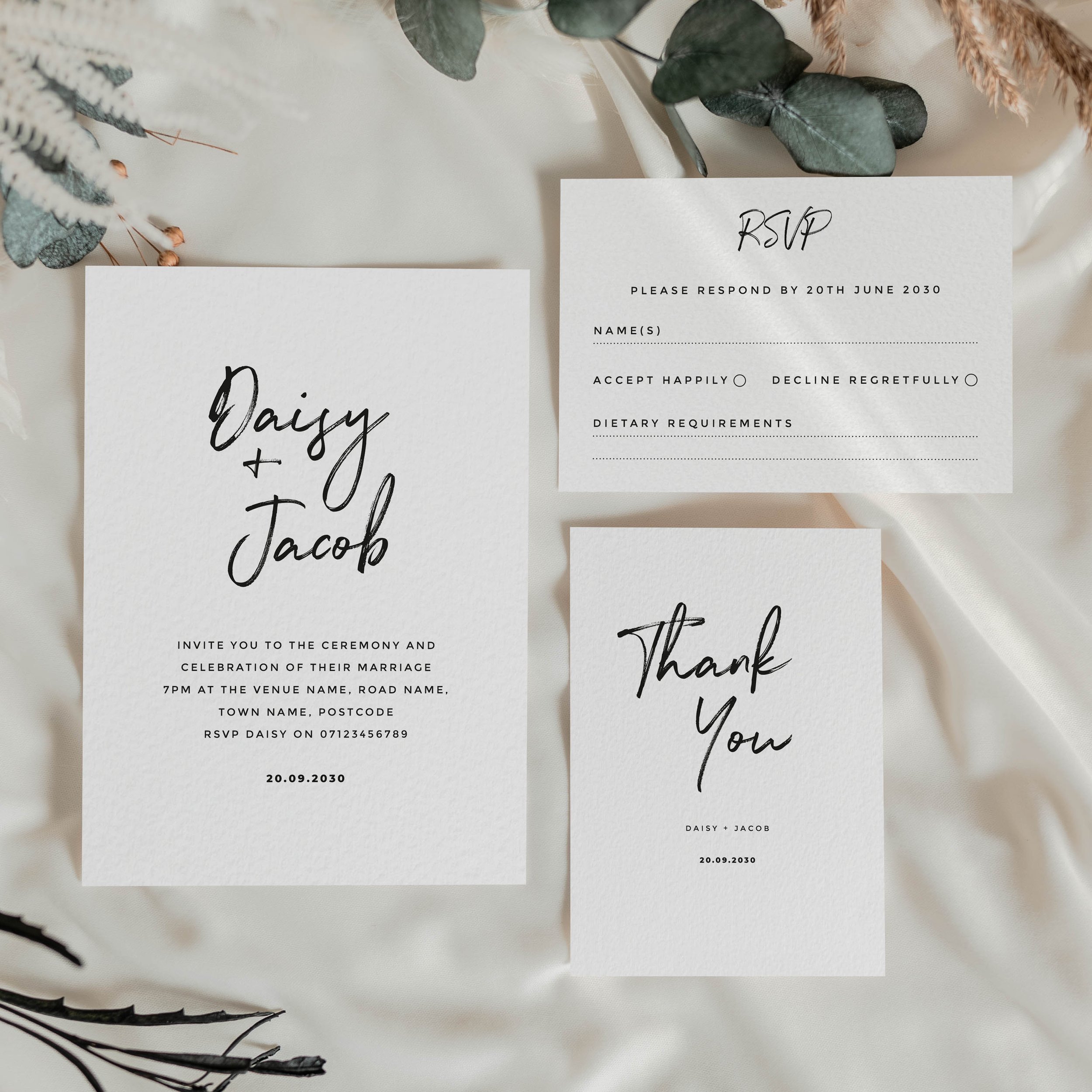 Wedding invitation suite featuring flowing handwritten script names with coordinating RSVP and thank you cards — The Signature Collection by Wonder Wedding Stationery