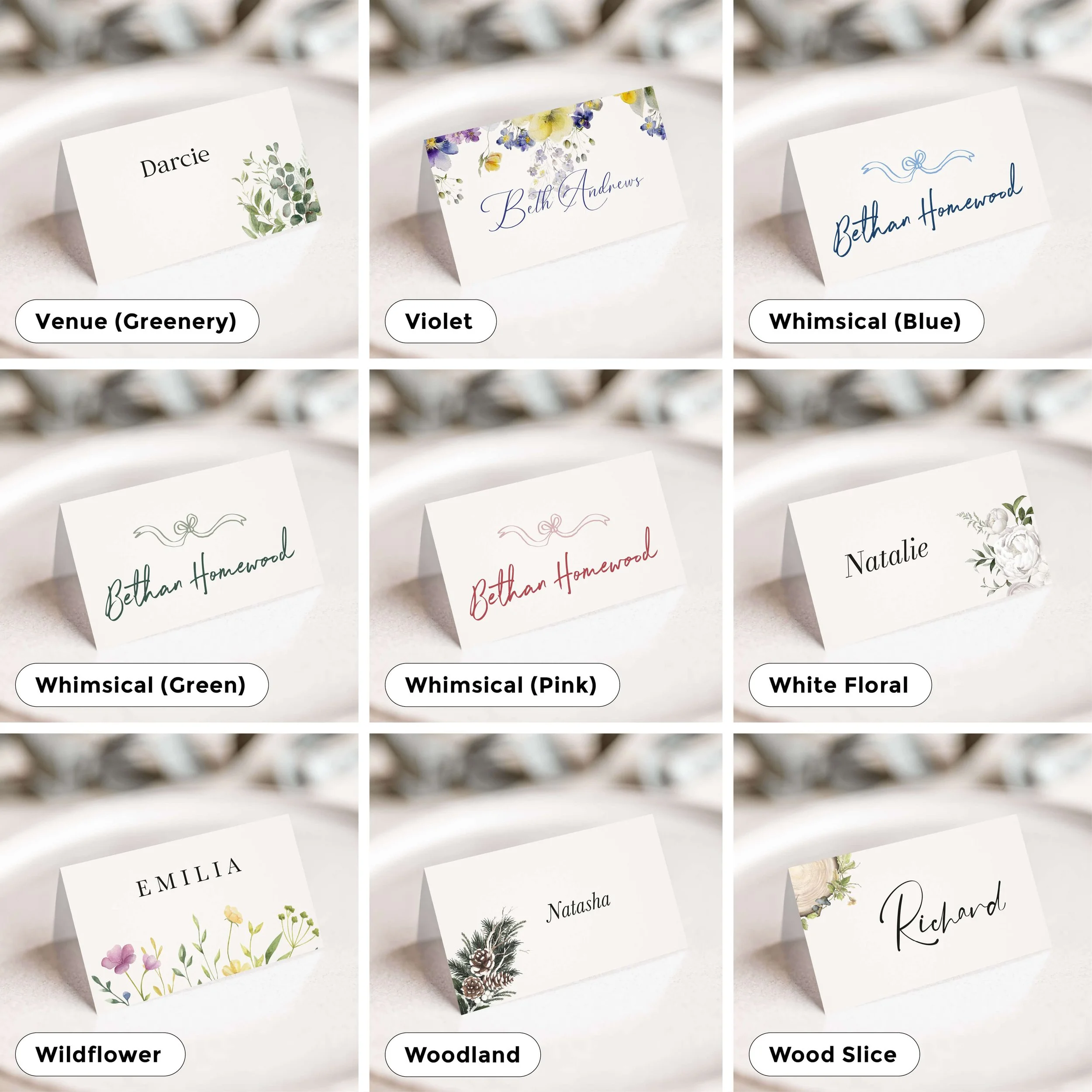Selection of personalised wedding place card designs in various styles, including modern, floral, and minimalist, displayed on wedding tables