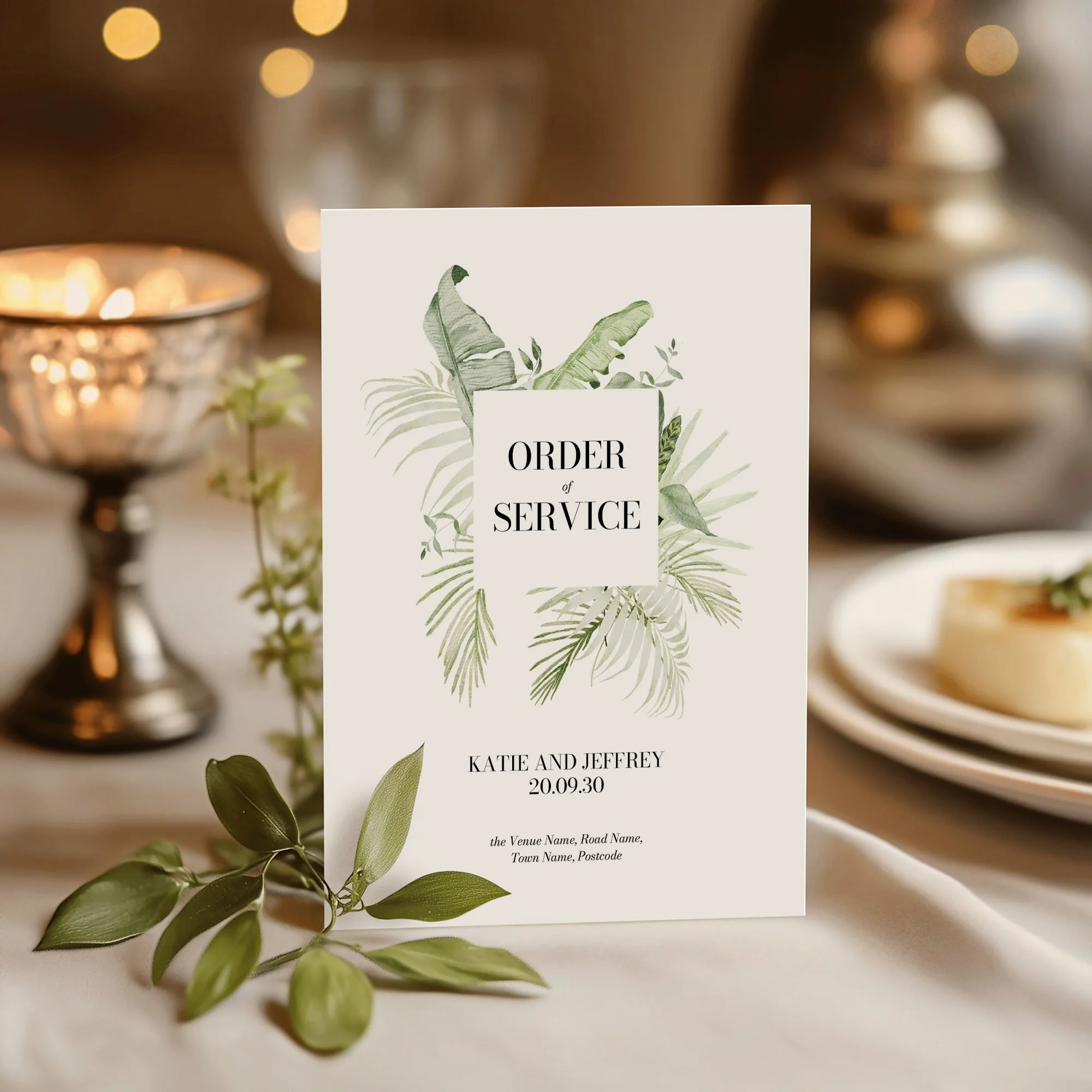 Tropical Leaves wedding order of service on a wedding day displayed
