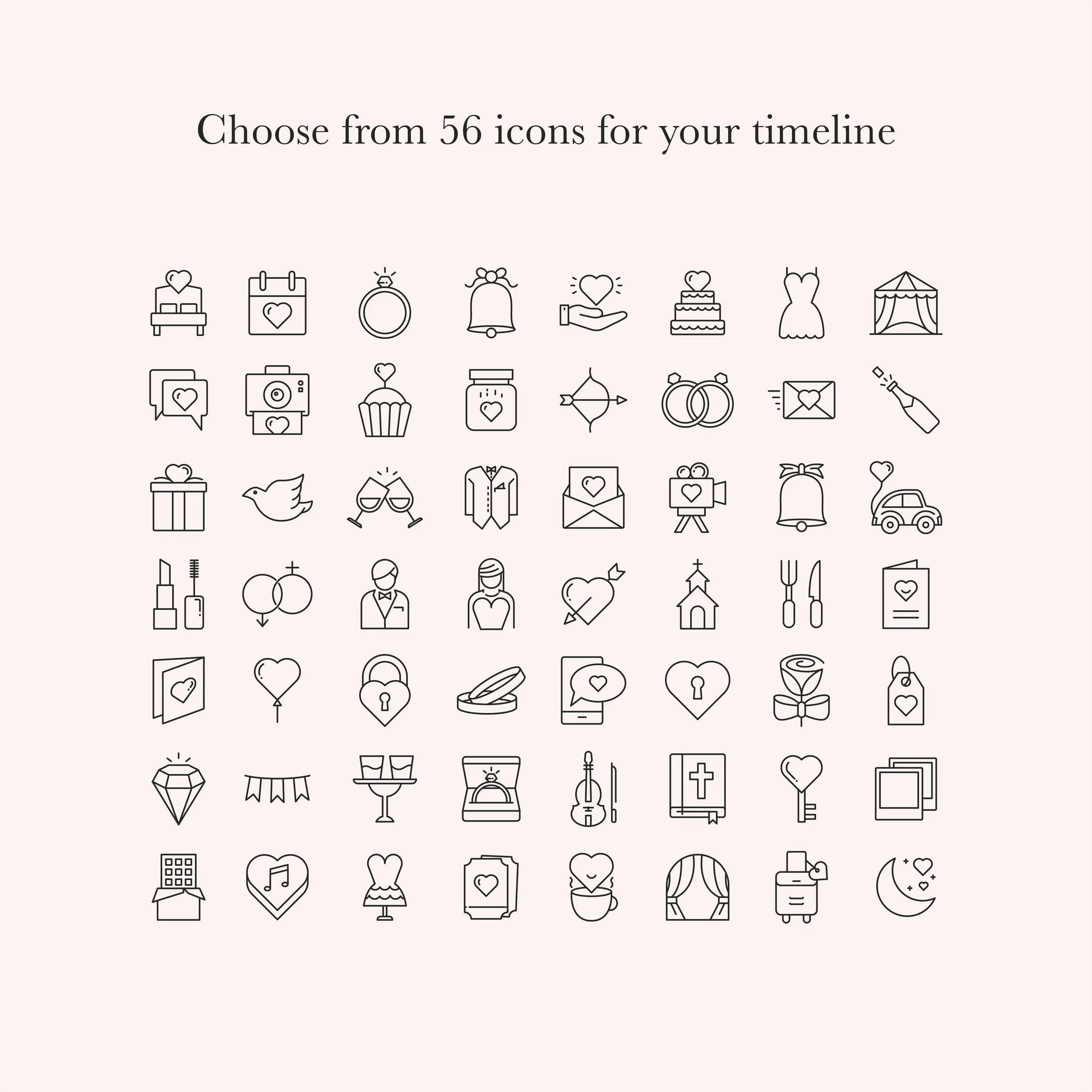 Set of customizable icons representing ceremony events—like ceremony, reception, cake, and dancing to be used on welcome sign