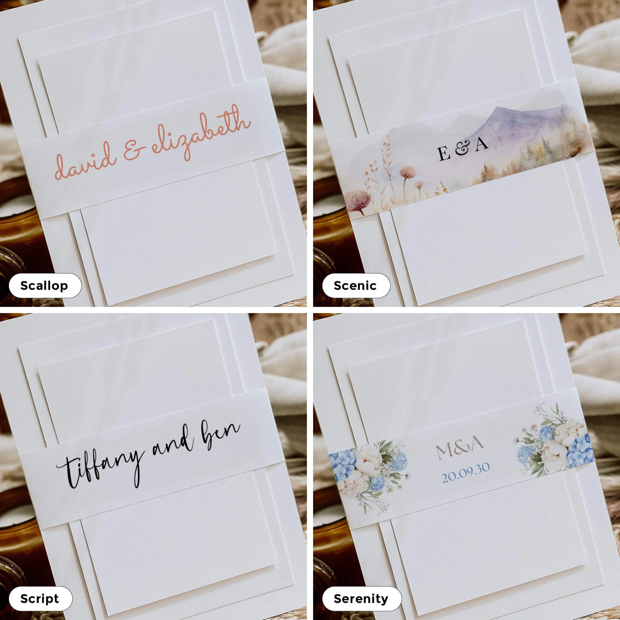 Collection of personalised wedding belly bands in a variety of elegant designs