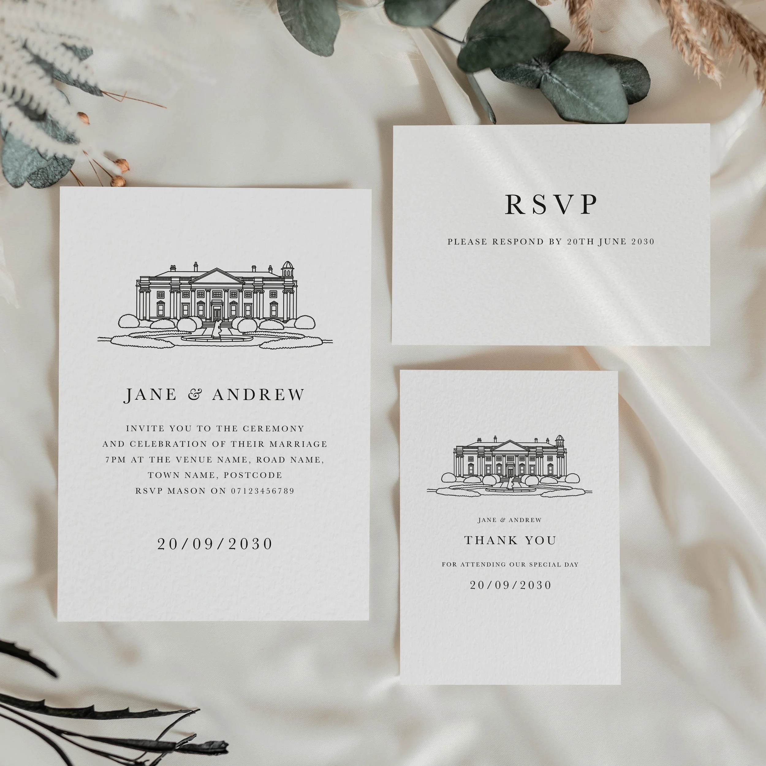 Minimalist wedding invitations featuring architectural venue sketch illustration and matching RSVP stationery.