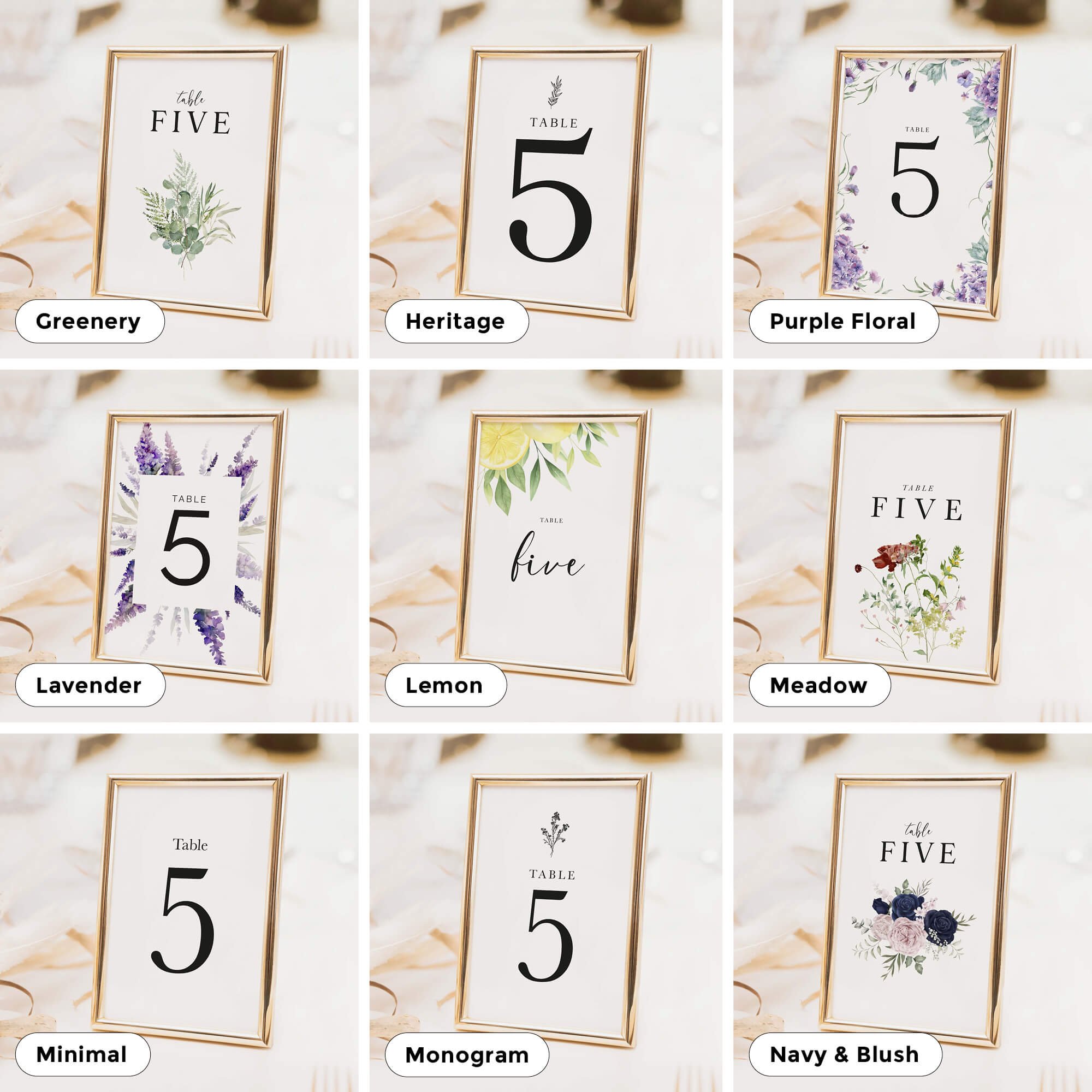 Wedding table number and table name card designs in a range of styles to suit different themes, including floral, modern, and minimal options