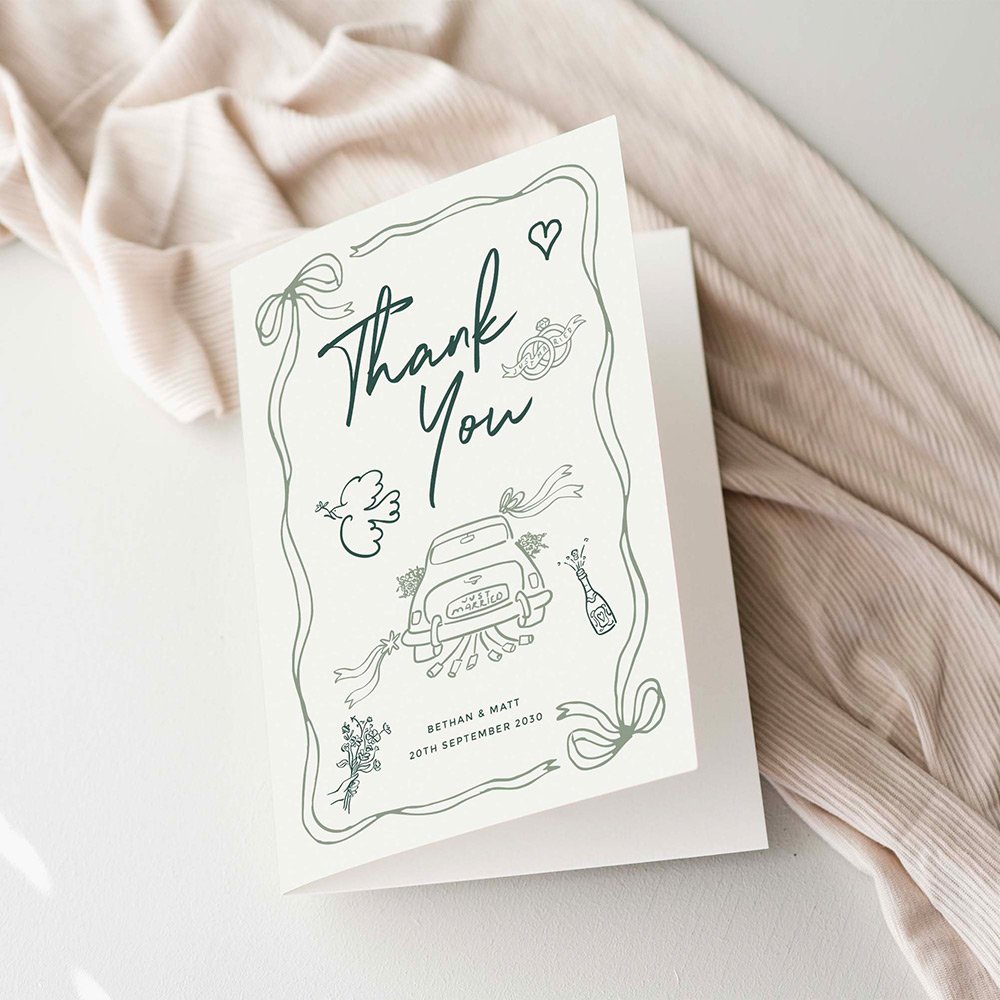 Green Doodle Thank You Cards For Wedding
