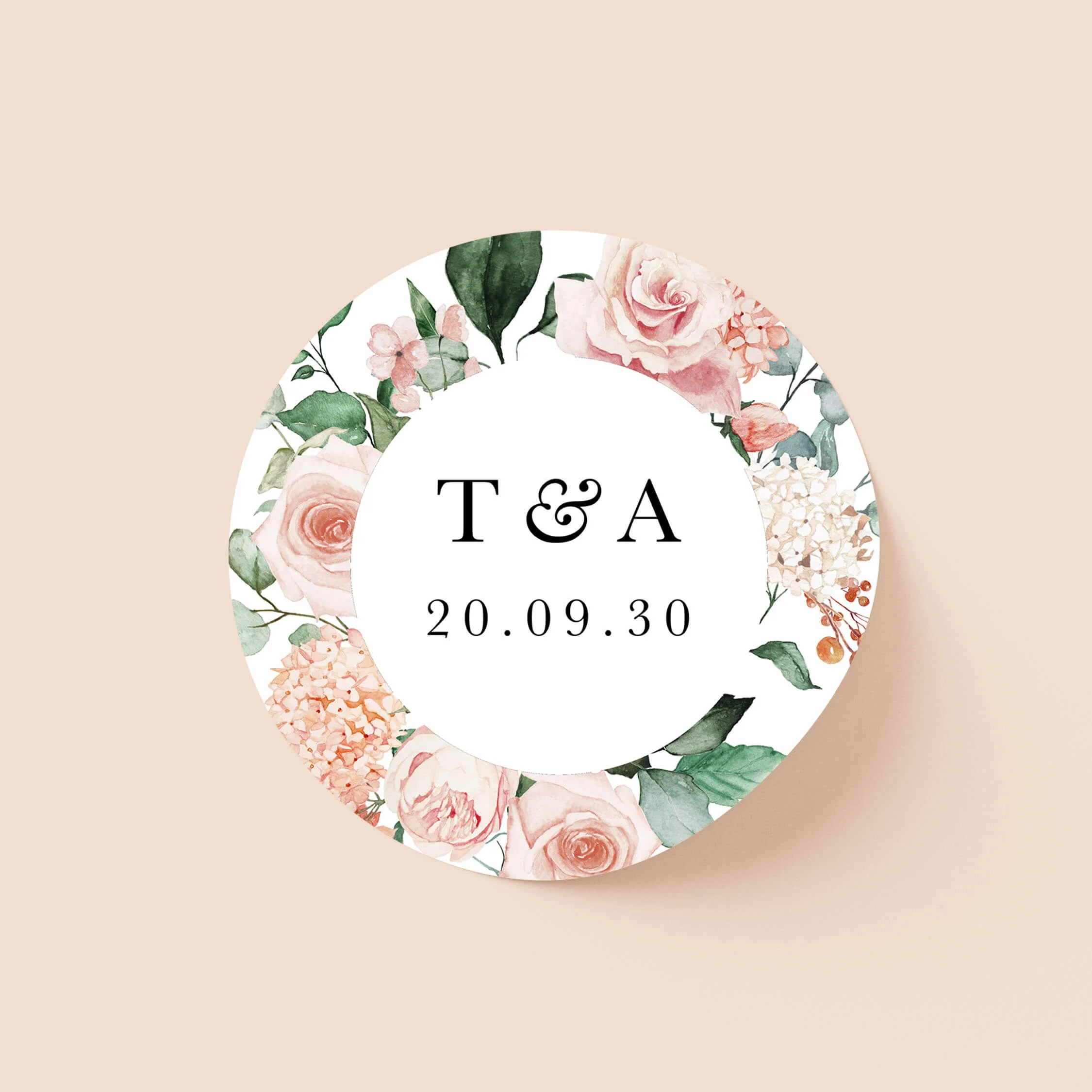 Blush bouquet wedding sticker with pink rose floral border and initials on round personalised seal