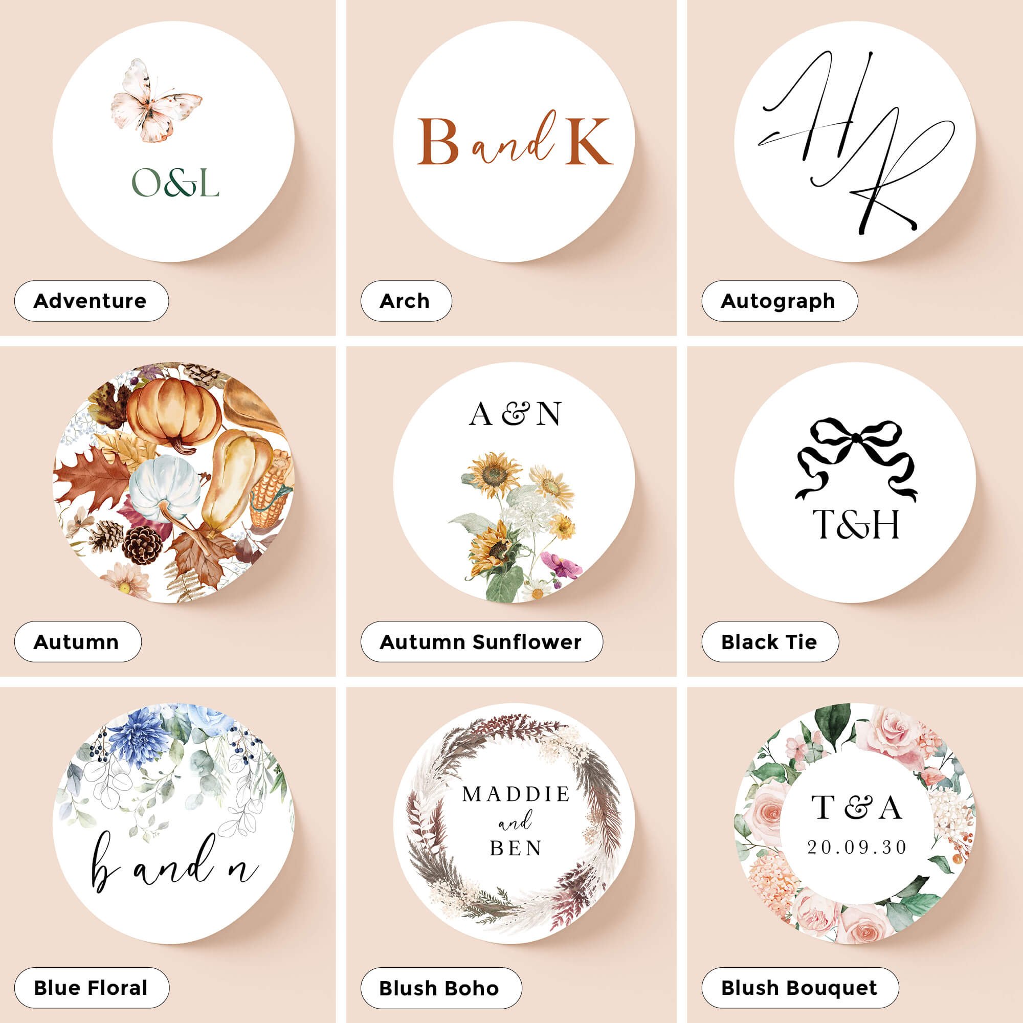 Collection of personalised wedding sticker designs for invitations, envelopes and wedding stationery – multiple styles available.