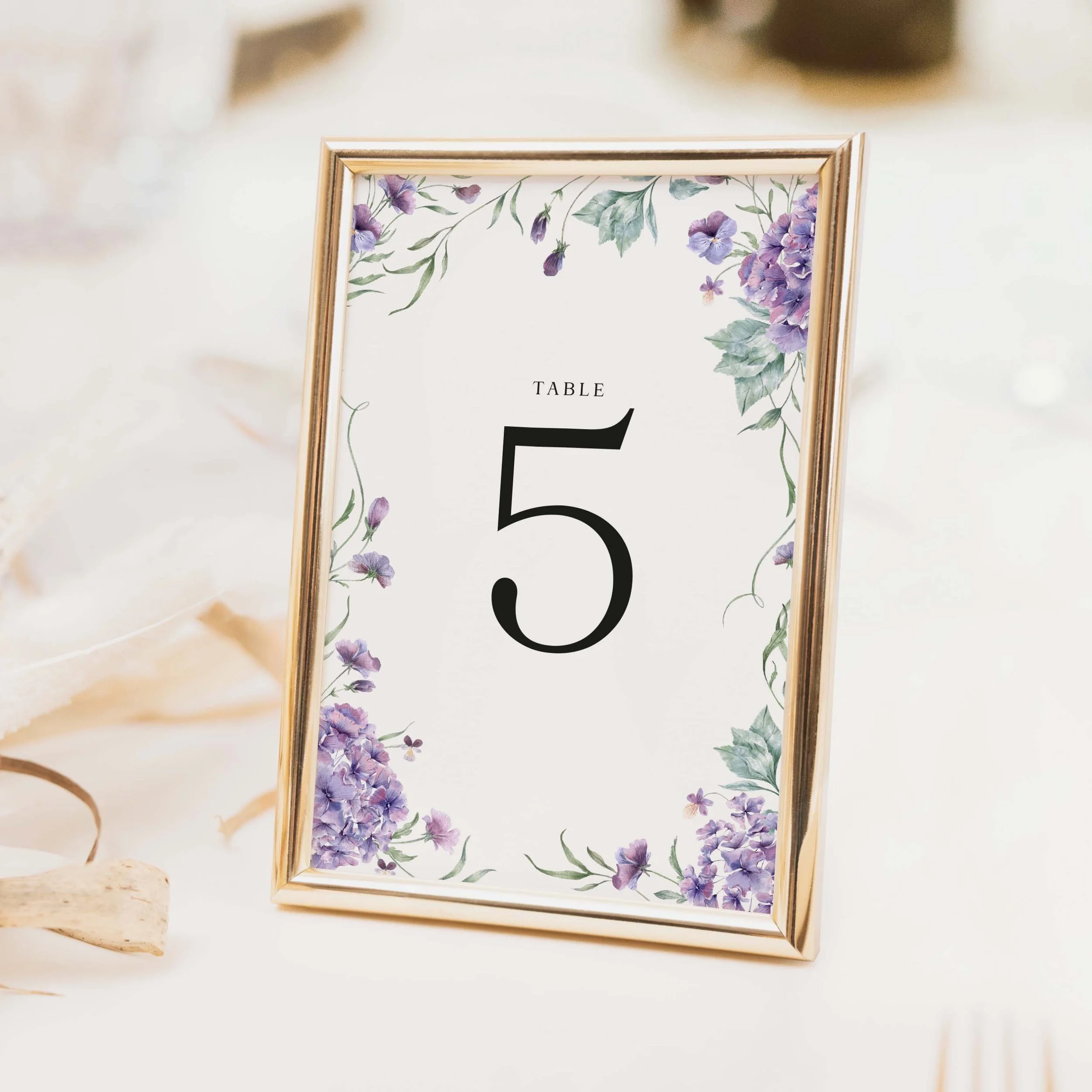 Hydrangea wedding table number with purple lilac watercolour hydrangea floral illustration and large numeral on luxury off-white card
