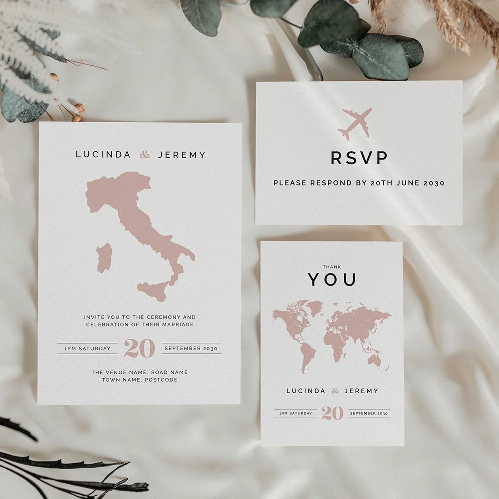 Travel themed wedding stationery including invitations, RSVP and thank you card.