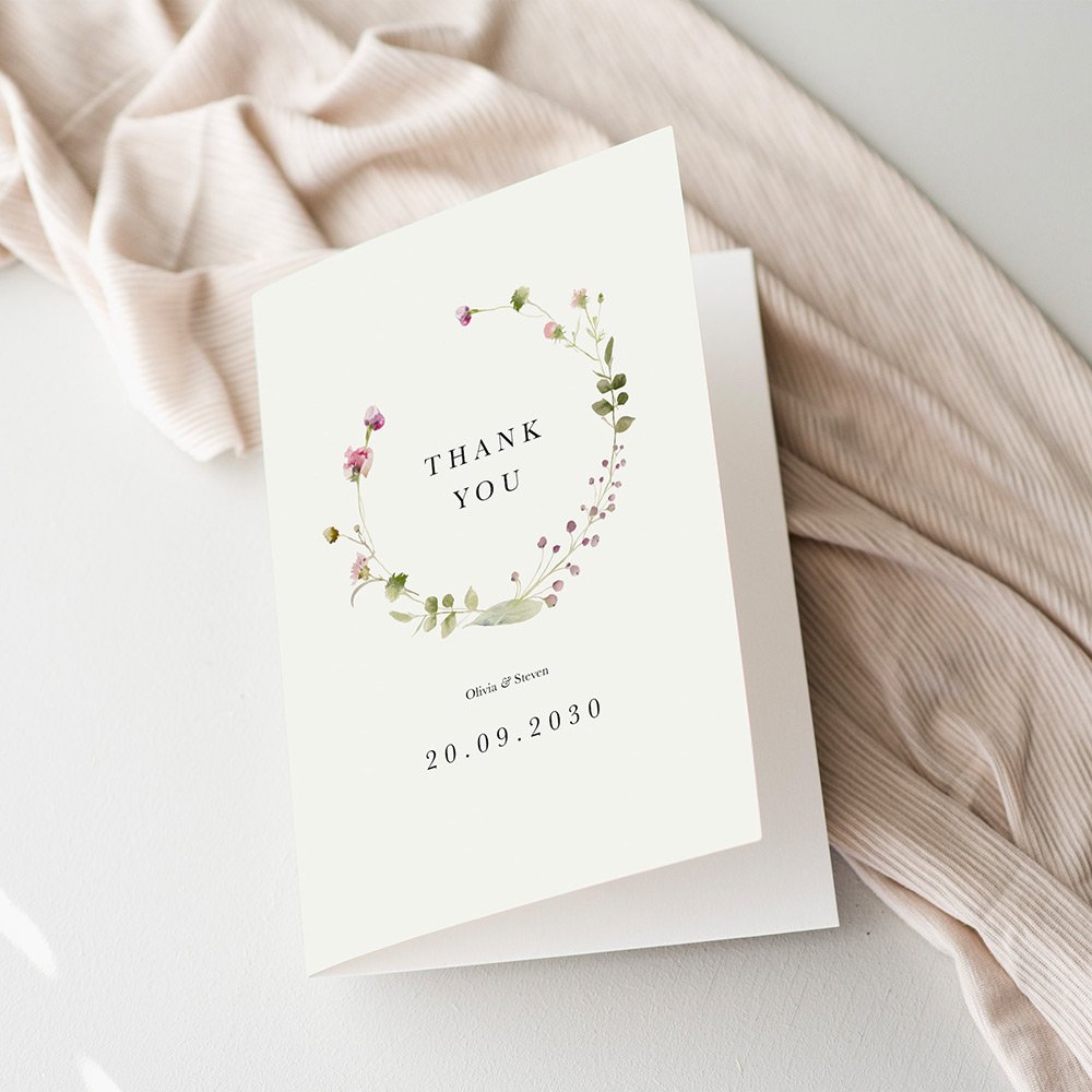 Elegant Floral Wreath Thank You Cards For Wedding