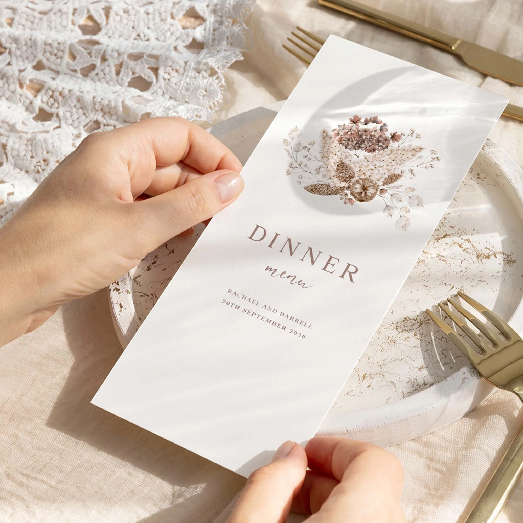 Hand holding Simple Boho wedding menu card showing size and printed design details