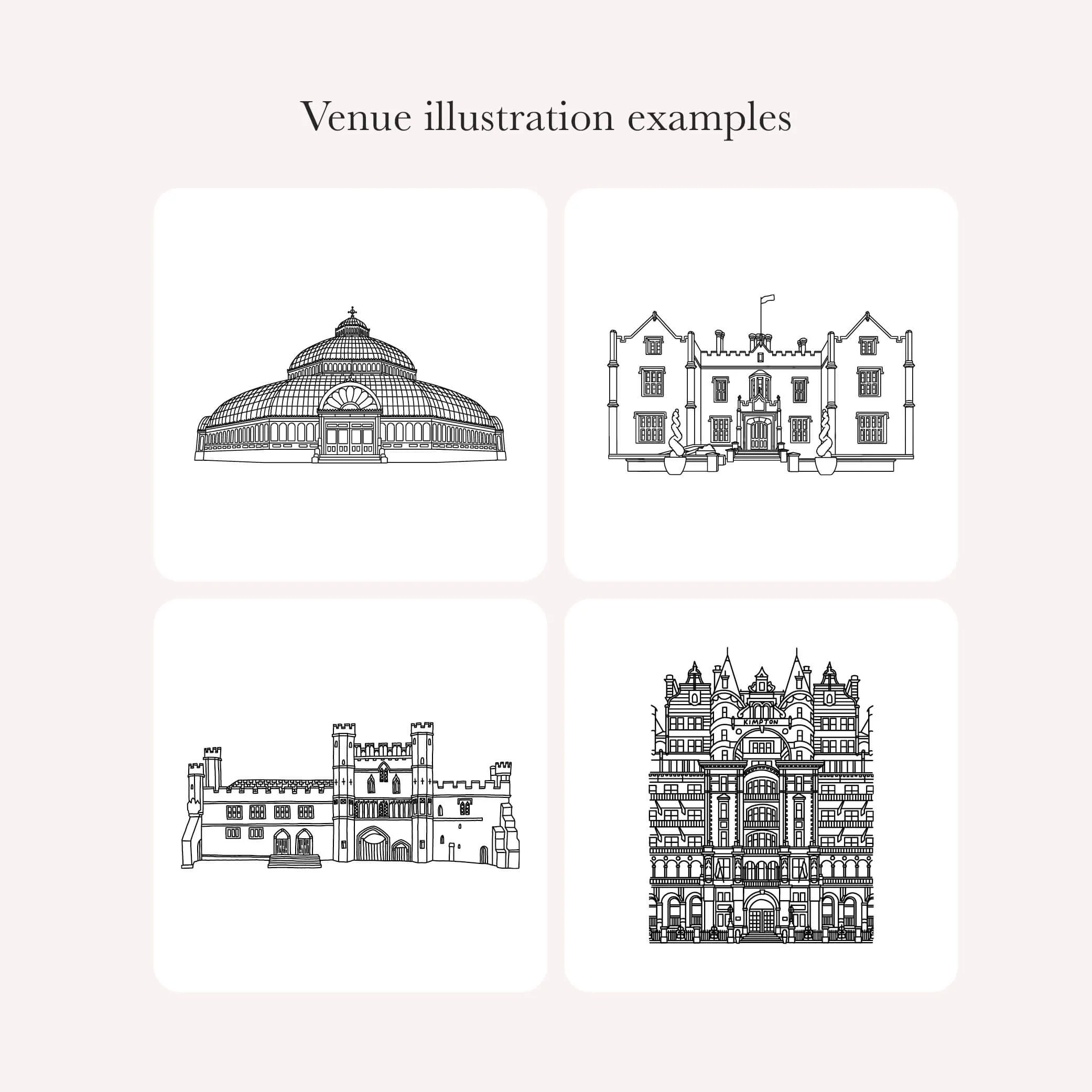 Examples of bespoke venue illustrations in our signature black and white line art style