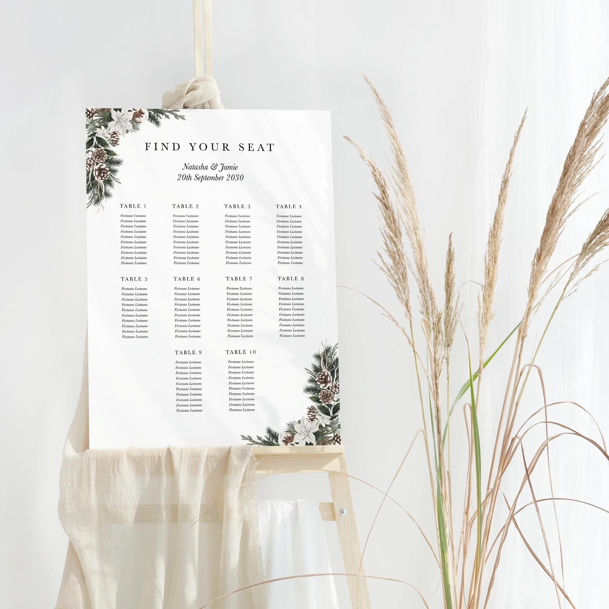Winter Pinecone and Pine Leaves wedding table plan board seating chart sign