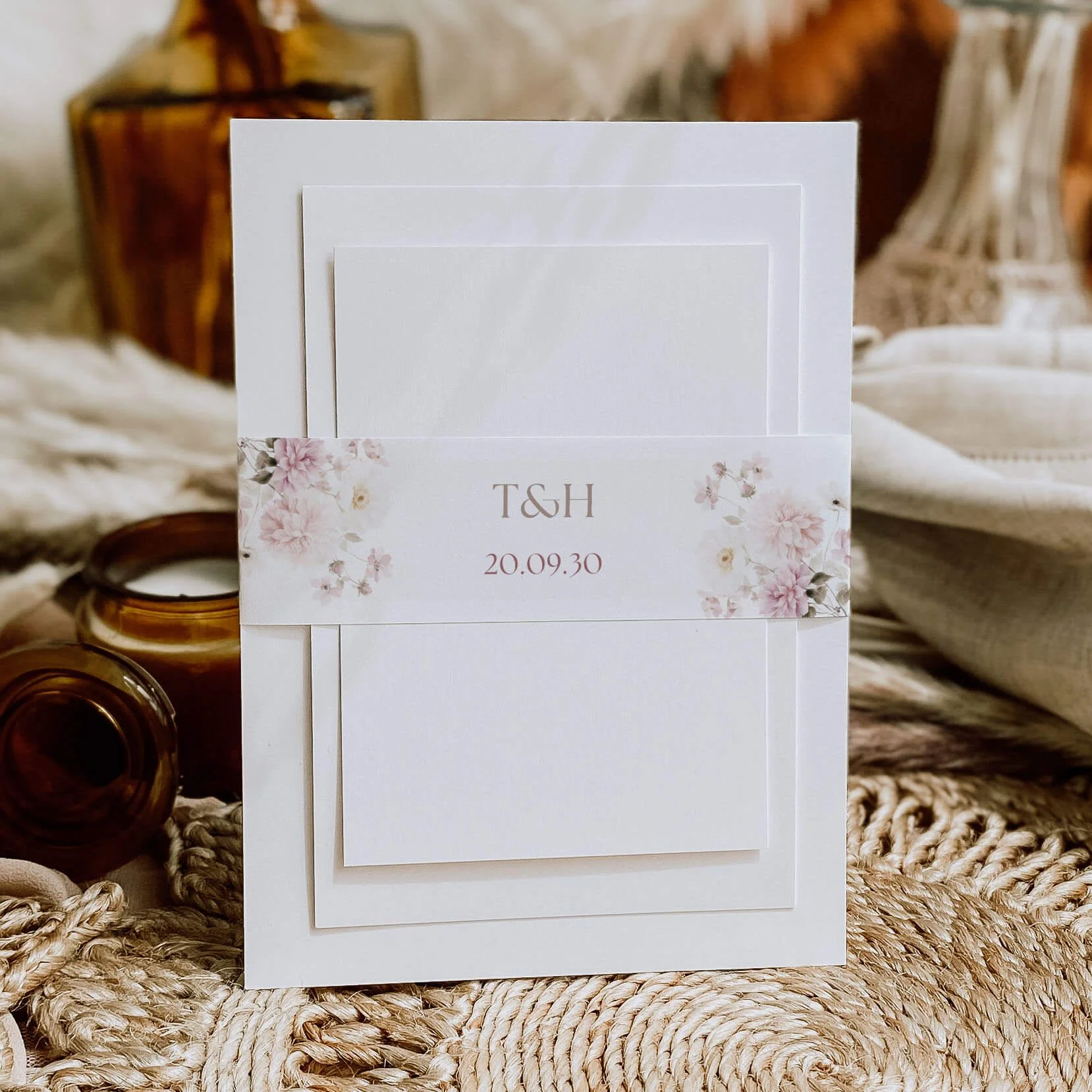 Petal wedding belly band with soft blush floral illustrations and elegant personalised wedding typography