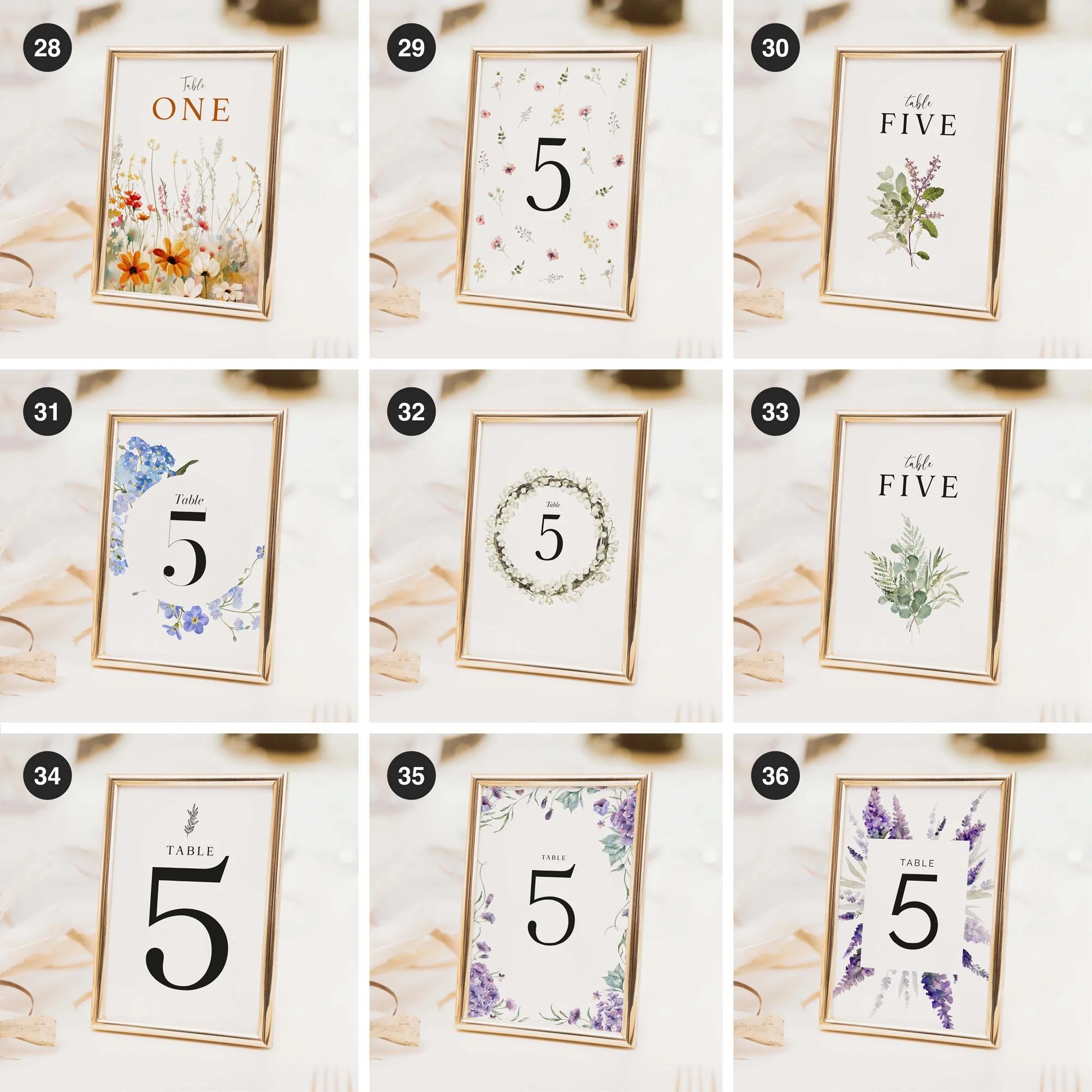 Wedding table number and table name card designs in a range of styles to suit different themes, including floral, modern, and minimal options