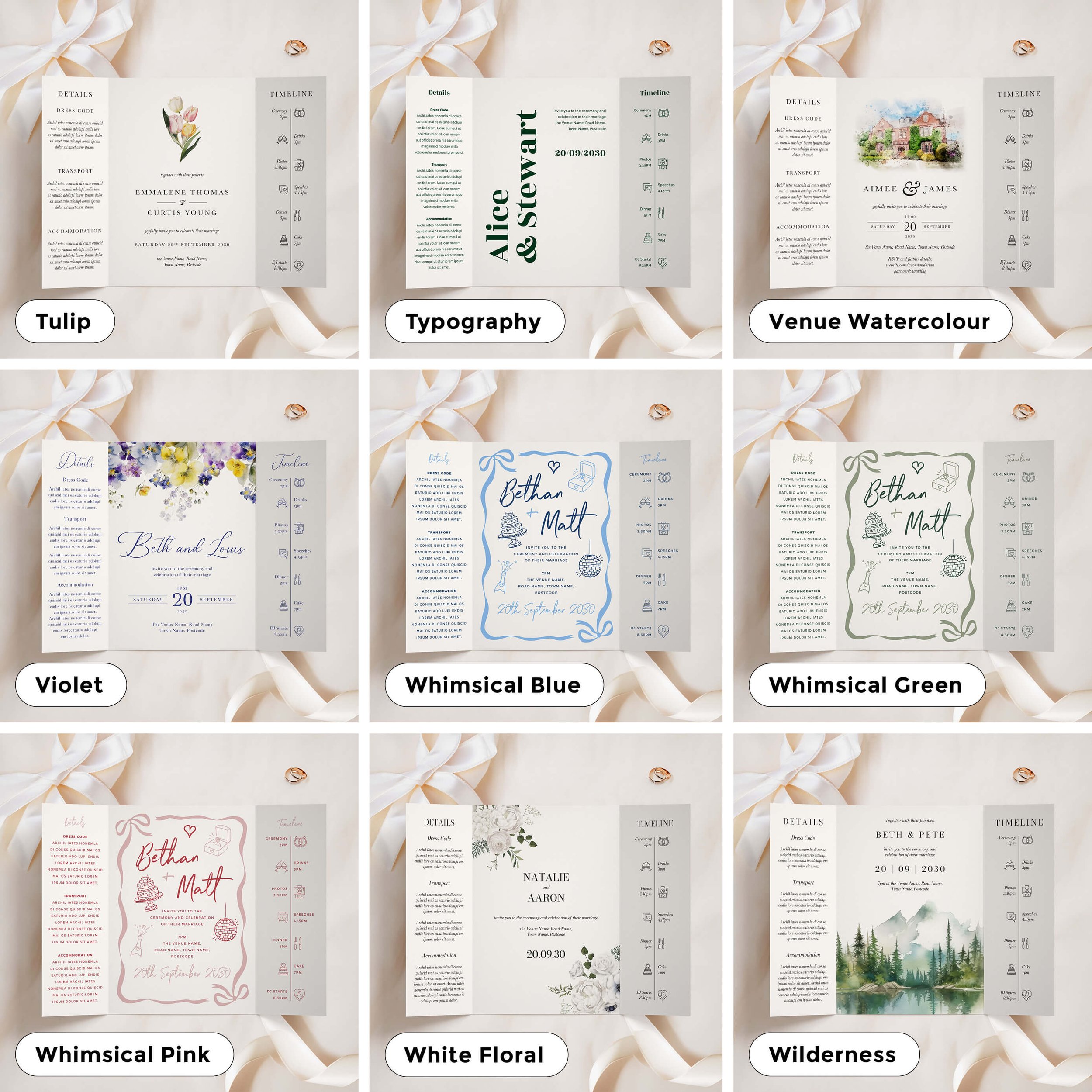 A5 size gatefold invitations in a variety of designs