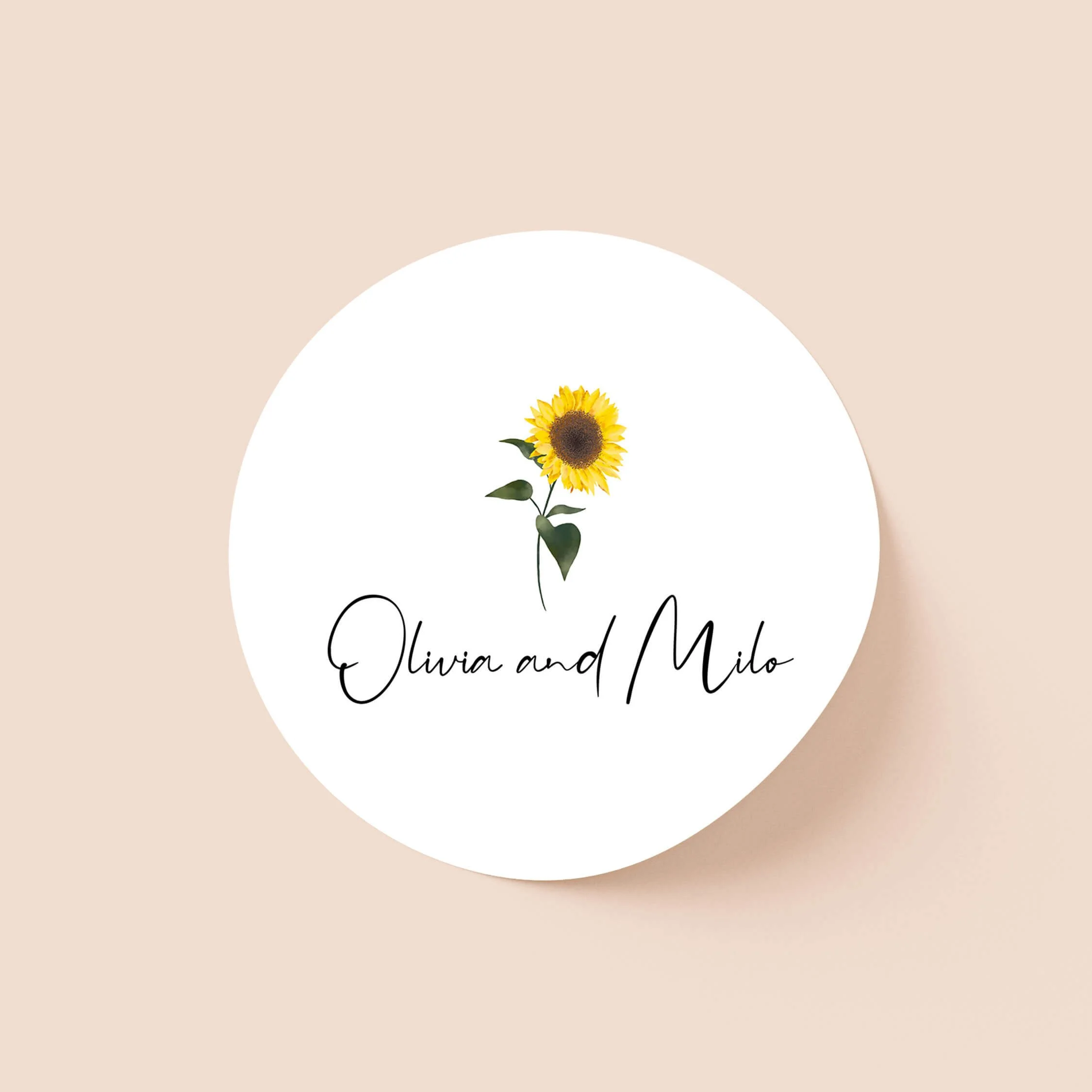 Sunflower personalised wedding sticker with single yellow sunflower stem illustration and script names on round sticker