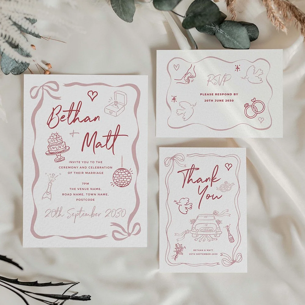 Pink whimsical wedding invitation with hand-drawn illustrations and modern fonts