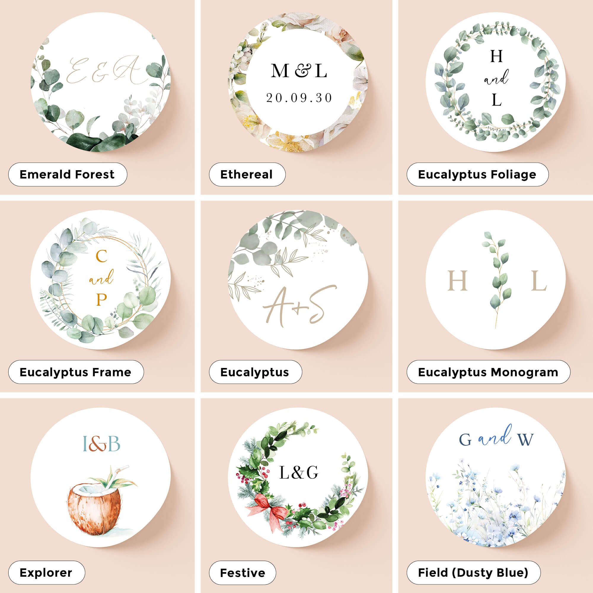Selection of personalised wedding sticker designs including modern, floral and elegant styles for wedding invitations and stationery.