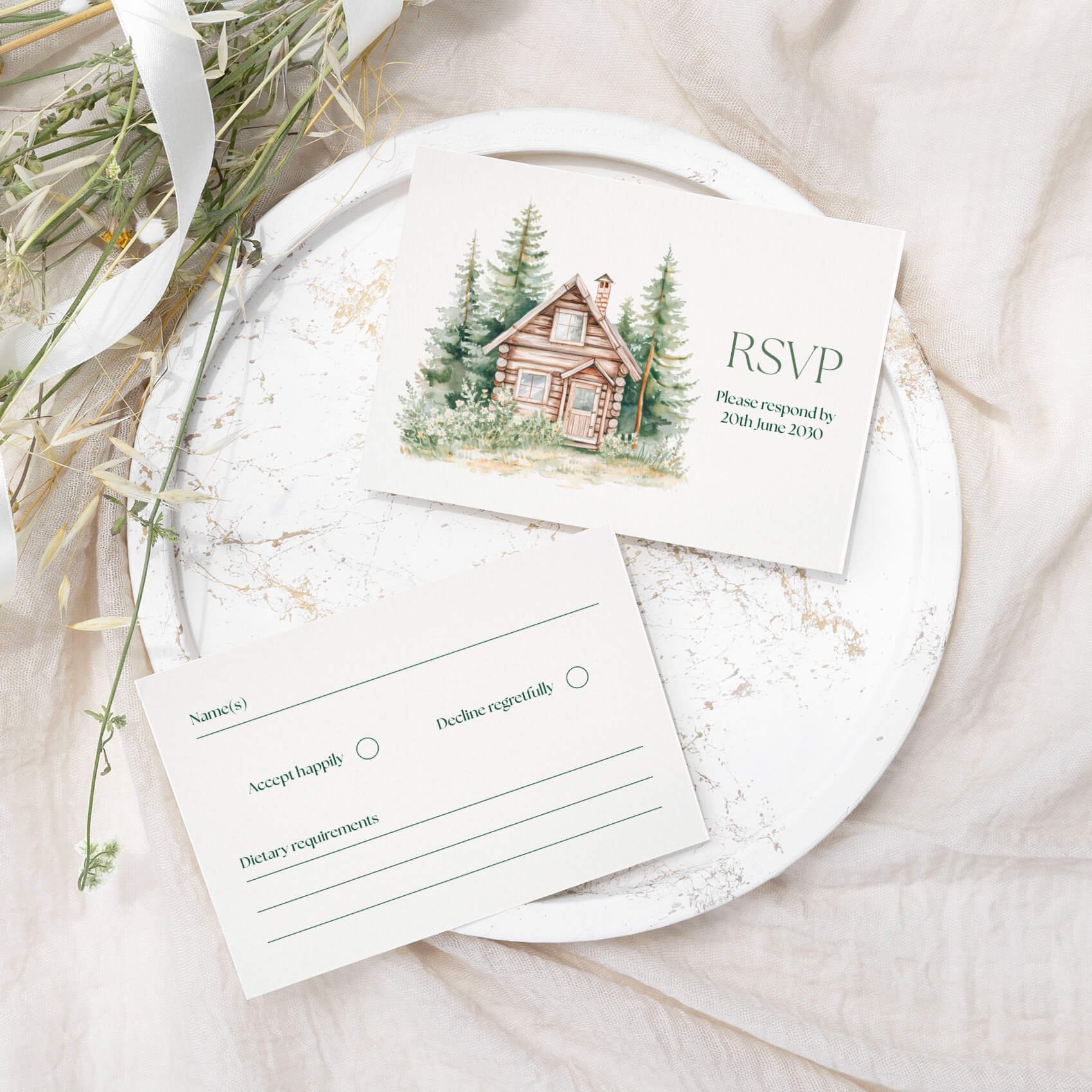Adventure wedding RSVP card with rustic woodland chapel illustration and elegant serif typography on luxury off-white card