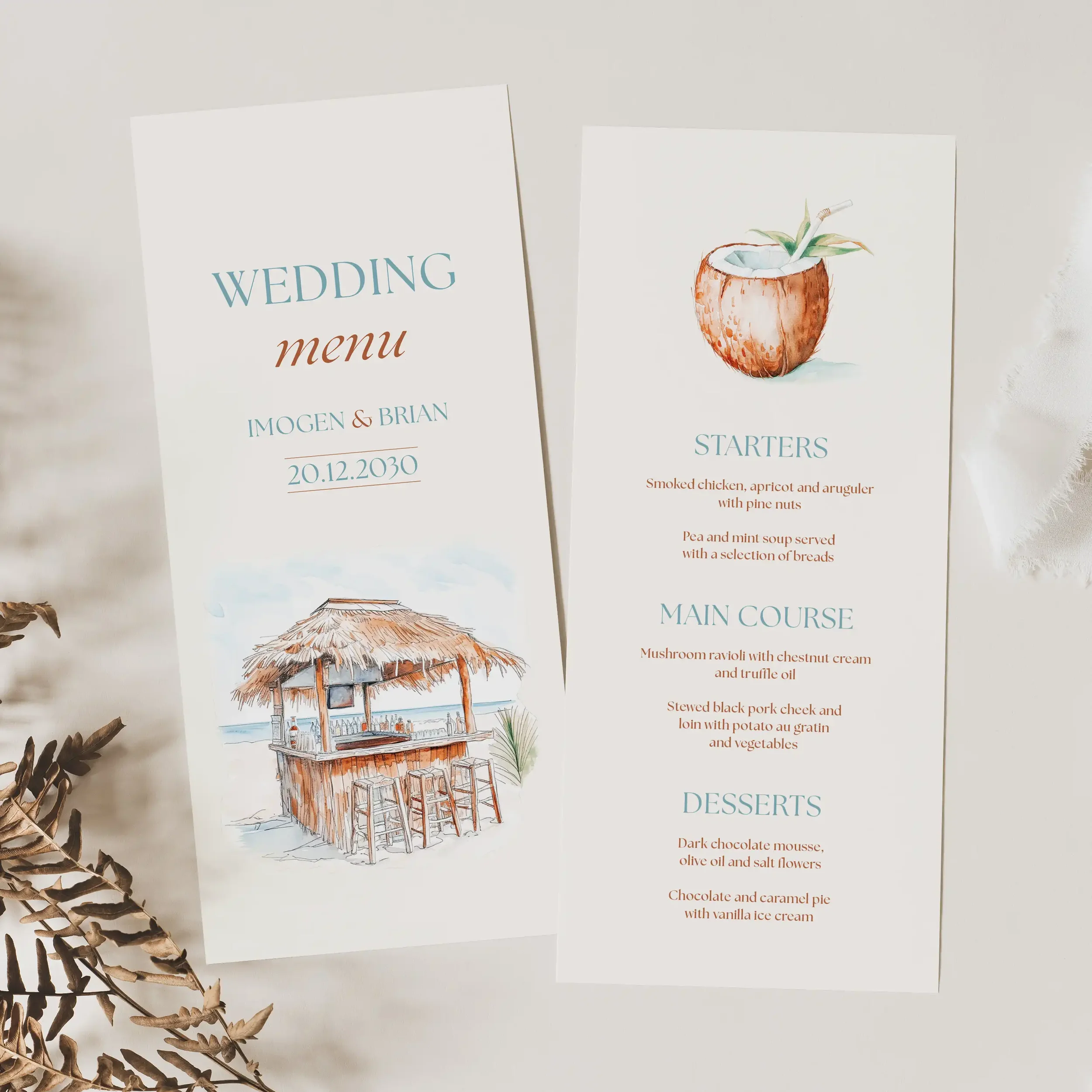 Front and back of the Explorer Tropical Wedding Menu showing tiki bar on front and coconut drink on back.