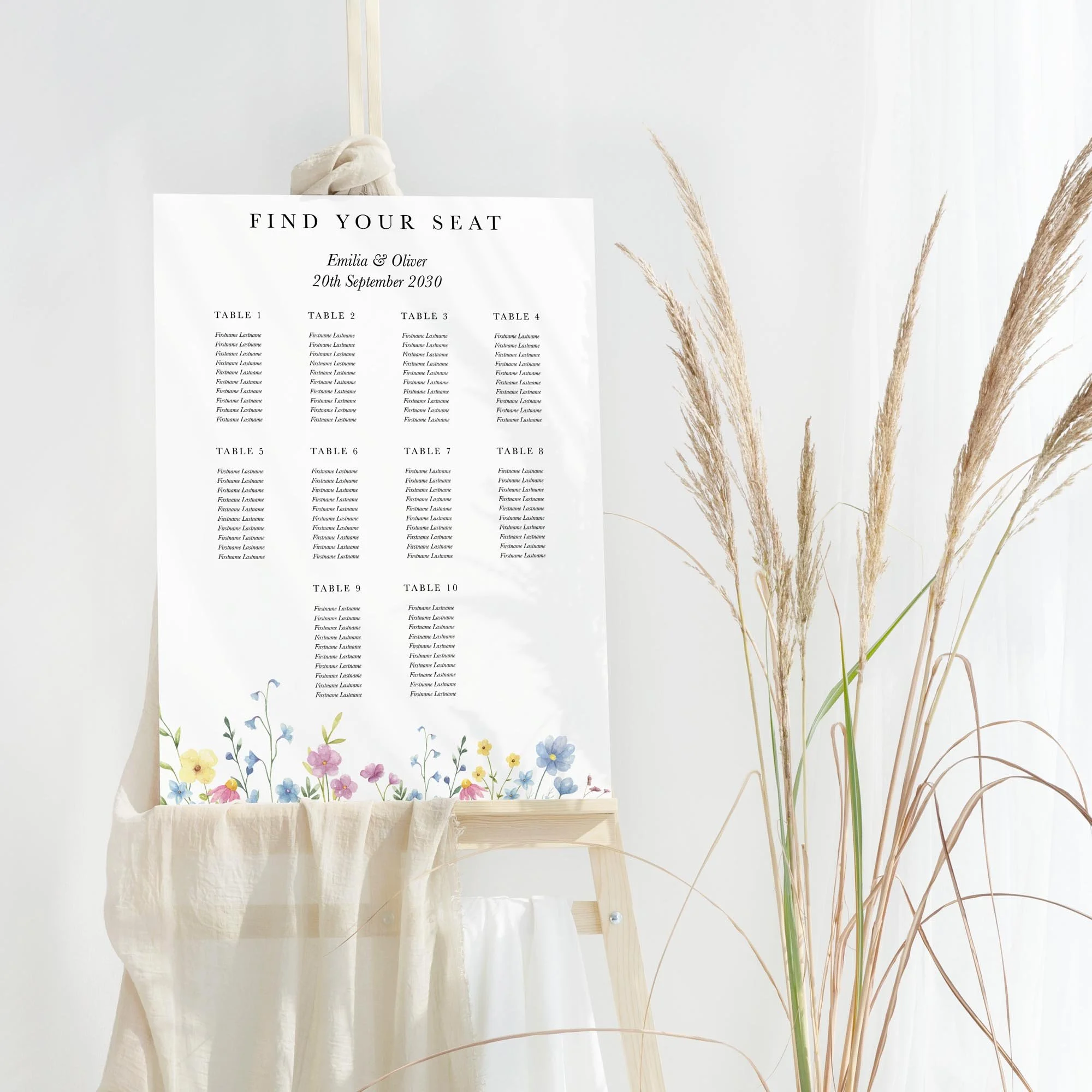 Colourful Wildflower wedding table plan board seating chart sign