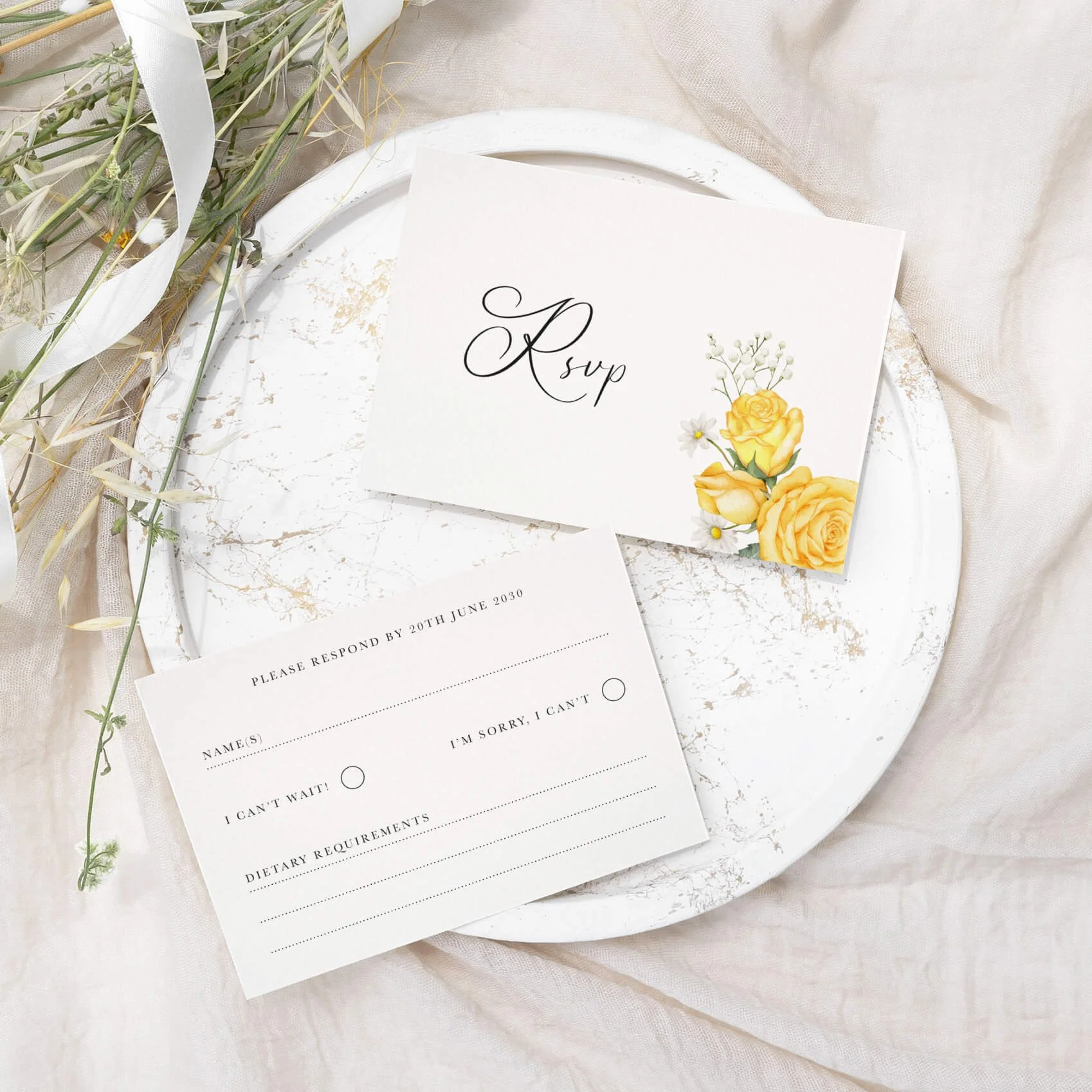 Summer Rose wedding RSVP card with yellow watercolour rose illustration and script typography on luxury off-white card
