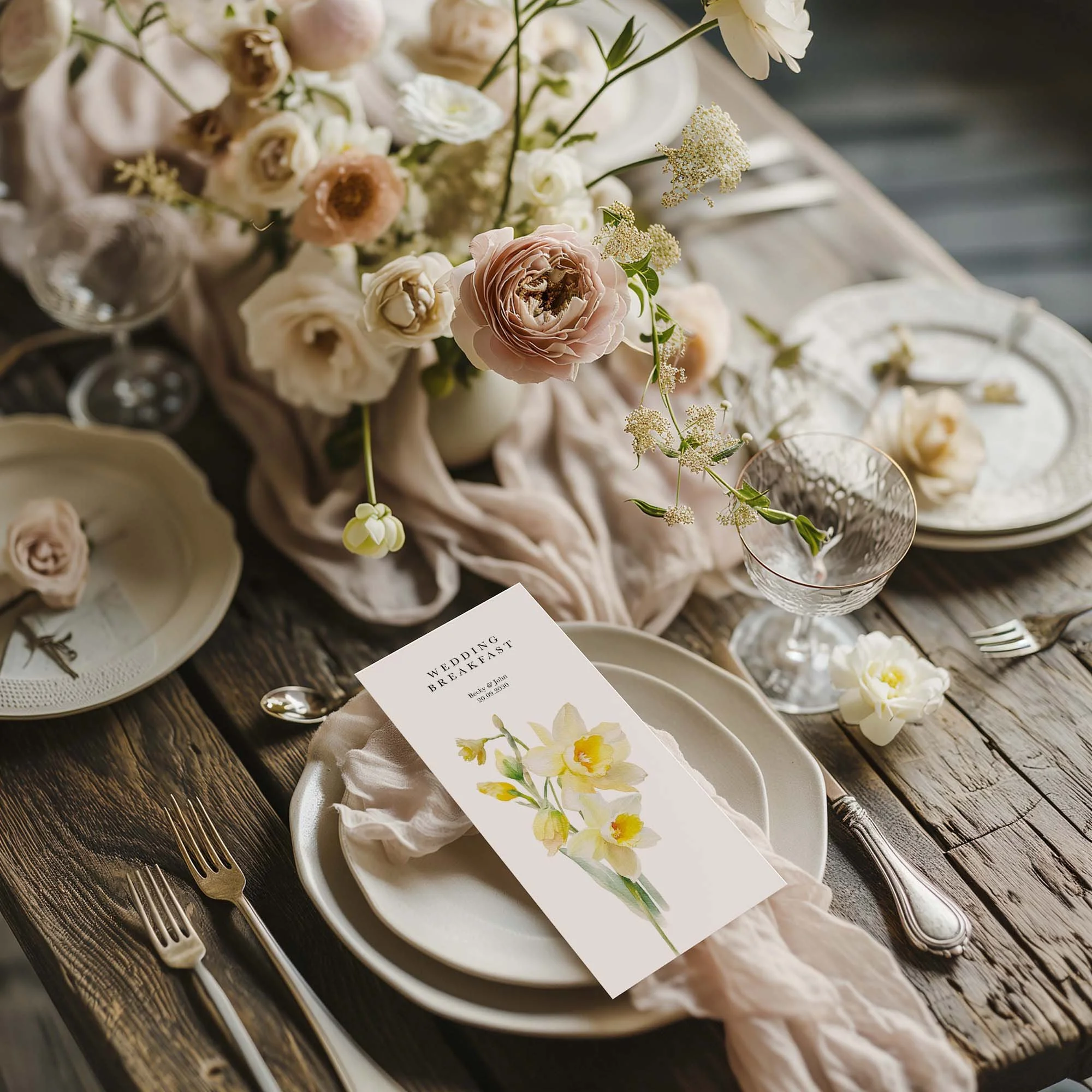 Daffodil wedding menu card styled on a wedding table setting with tableware and décor