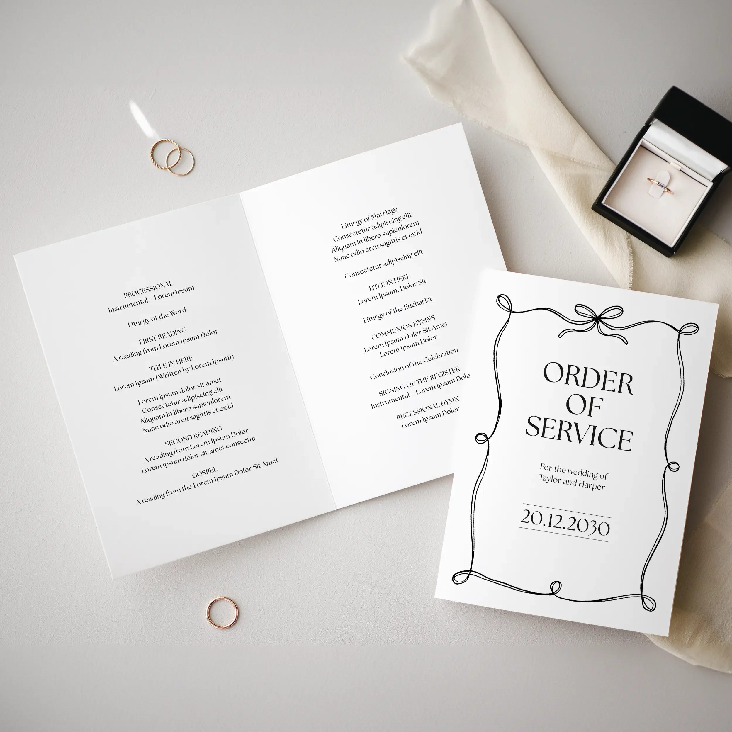 Black Tie Order of Service Booklet with monochrome design, modern font, and black bow.