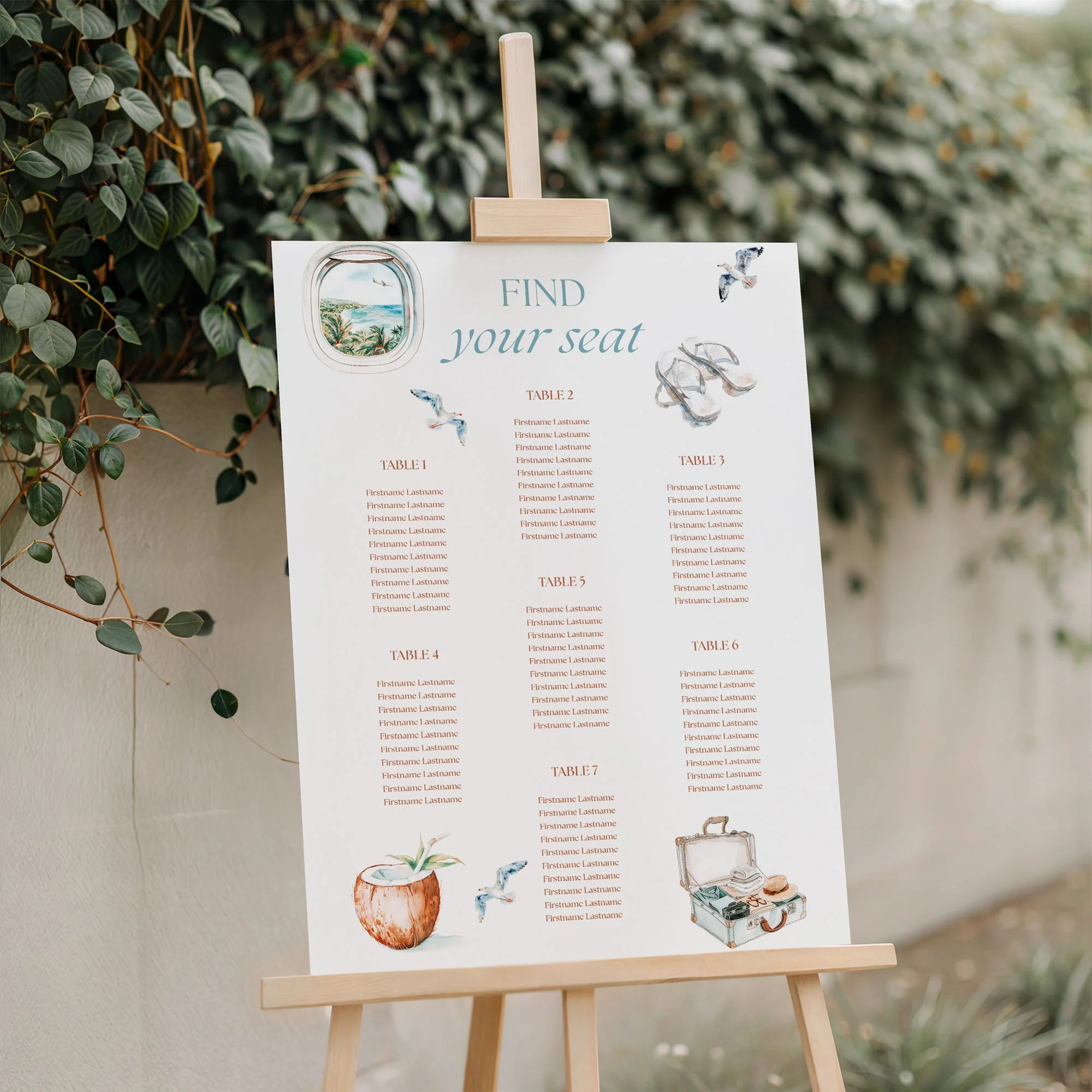 Explorer Wedding Table Plan Board displayed outside at a tropical or destination wedding.
